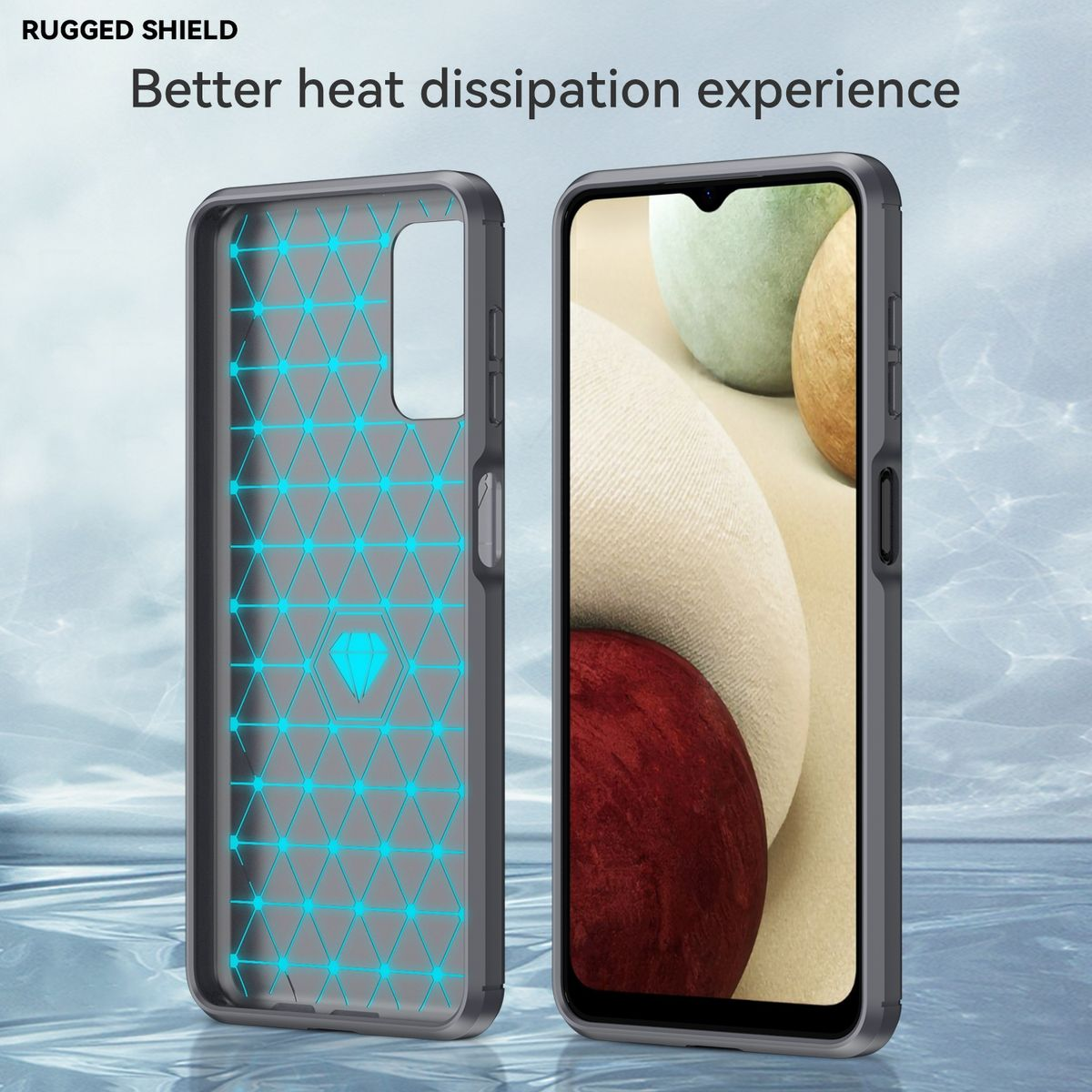 Schwarze Handyhülle mit Telefon. Blaues geometrisches Design im Inneren. Text: 'Besseres Wärmeableitungserlebnis'.