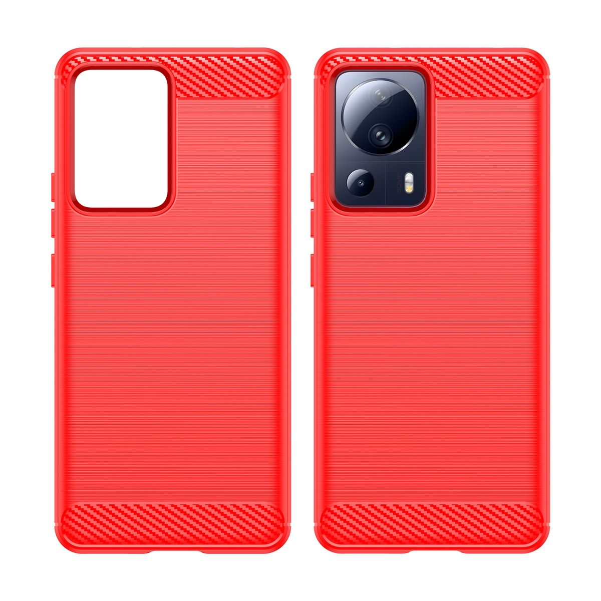 Rote Handyhülle mit strukturiertem Design. Die Hülle ist in mehreren Ansichten. Weißer Hintergrund.