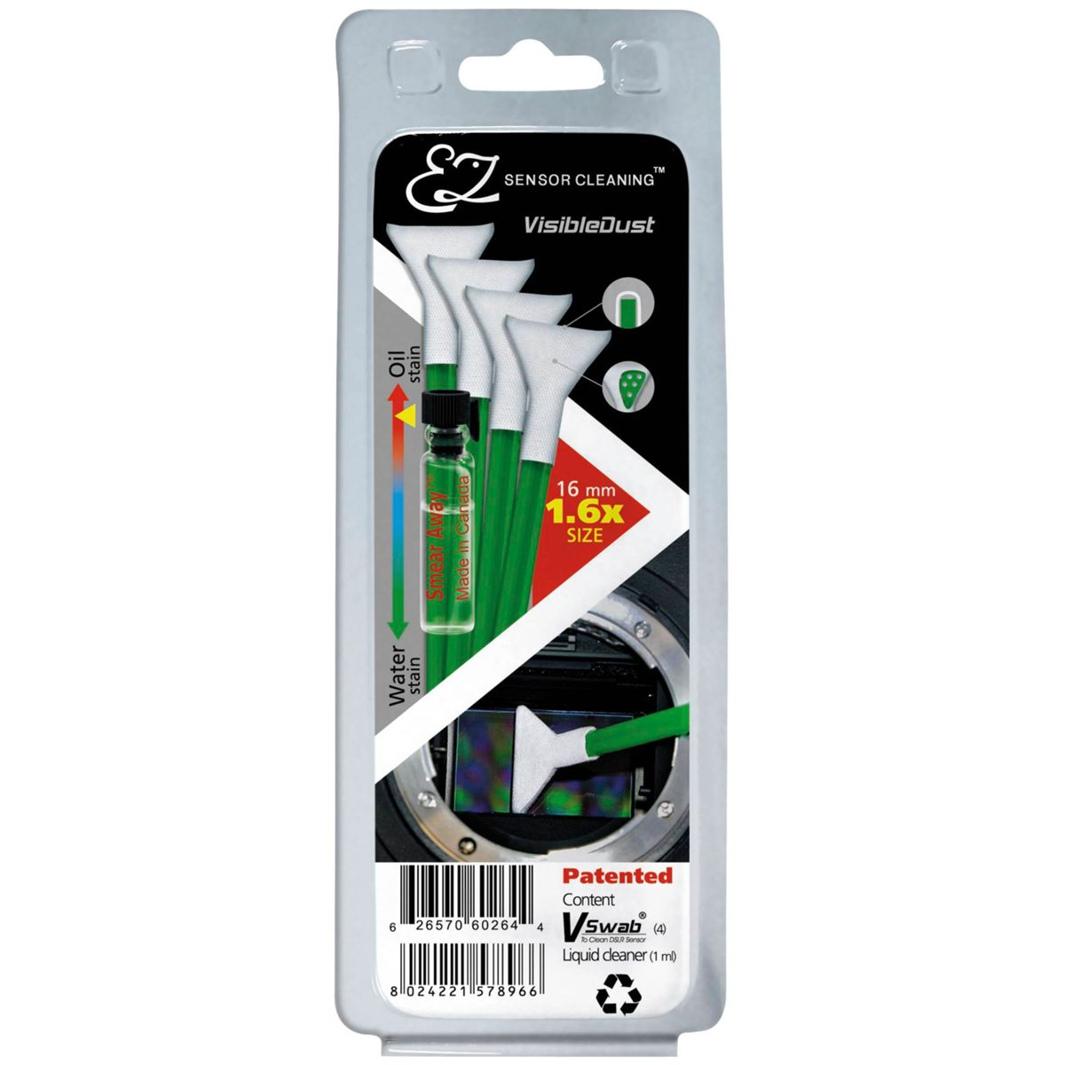Kit di pulizia sensore VisibleDust. Contiene tamponi per la pulizia e detergente liquido. Design verde e bianco.