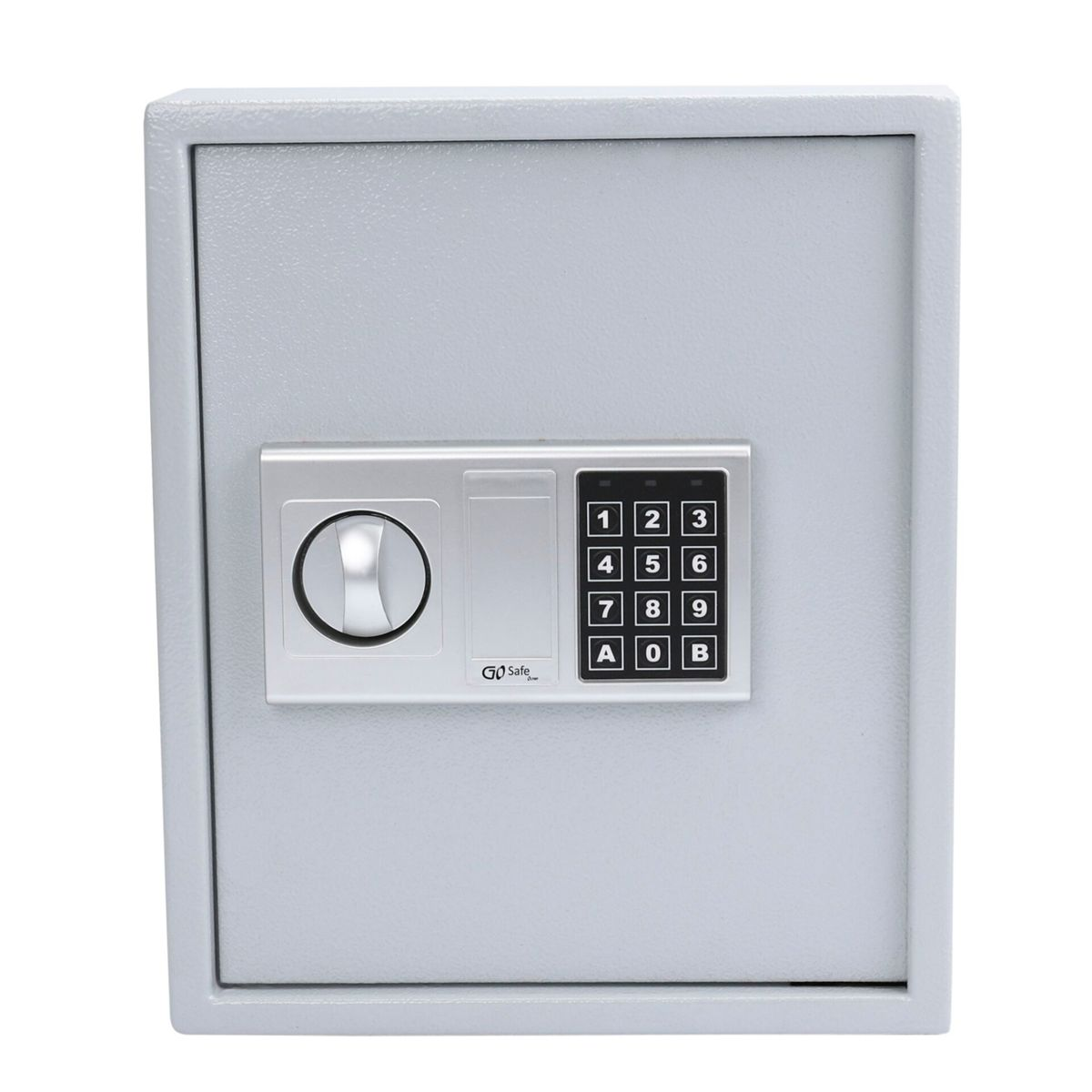 Ein geschlossener grauer Safe mit Tastatur und Griff. Der Safe hat ein digitales Tastenfeld.