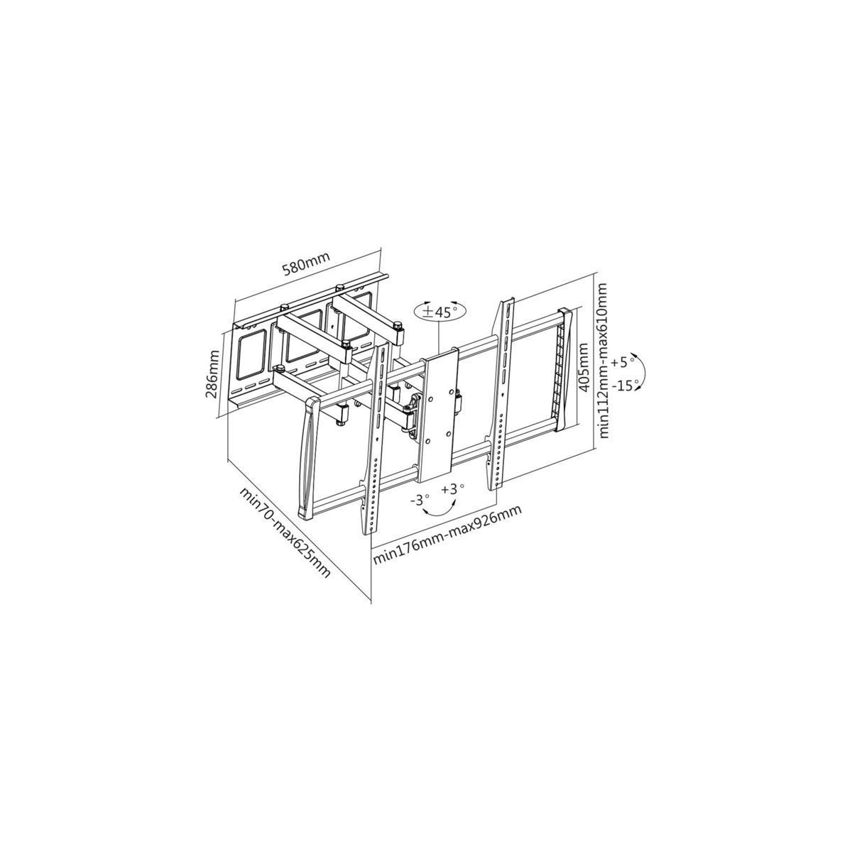 Diagramm einer TV-Wandhalterung. Abmessungen und Winkel sind angegeben.