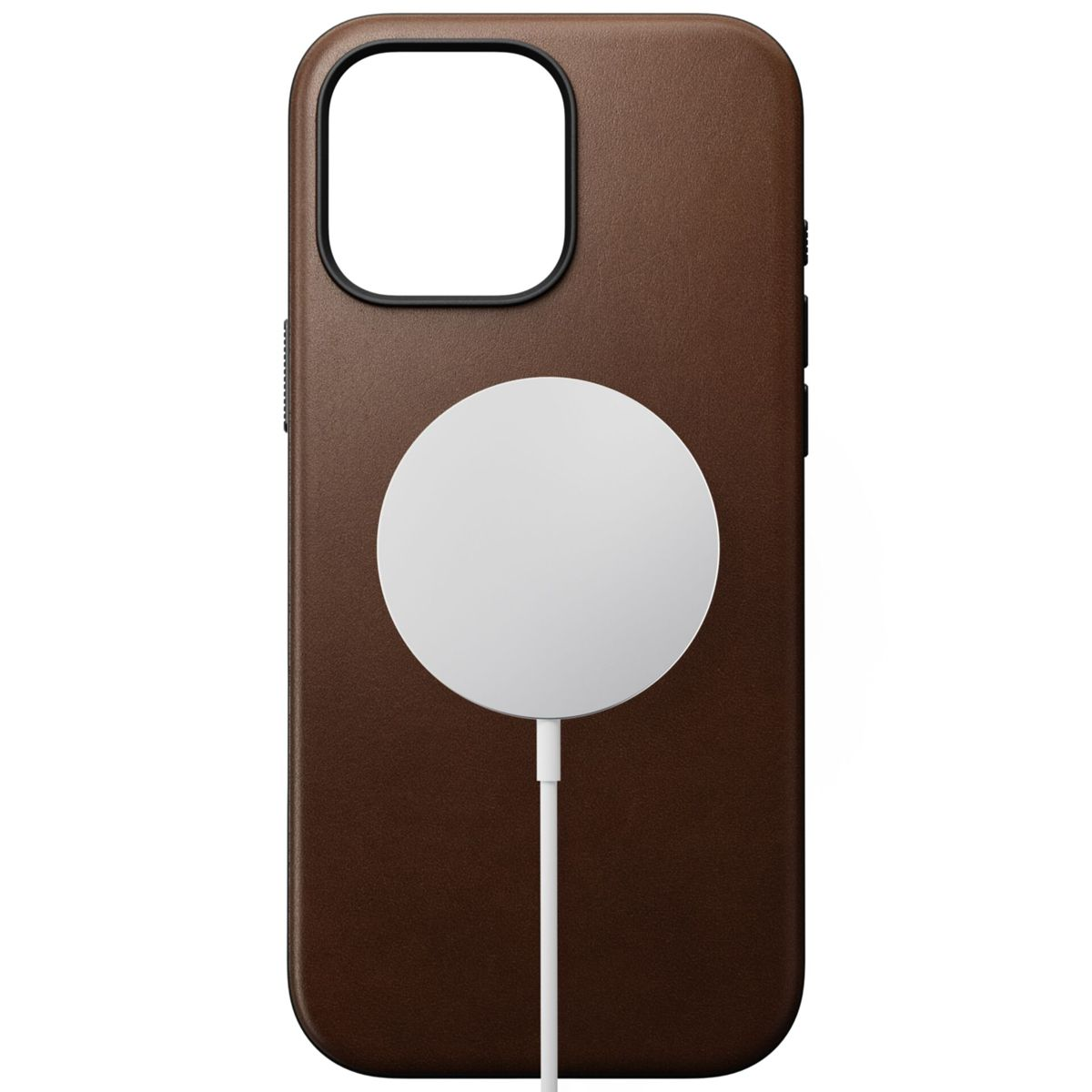 Braune Leder-Handyhülle mit einem weißen MagSafe-Ladegerät auf der Rückseite.