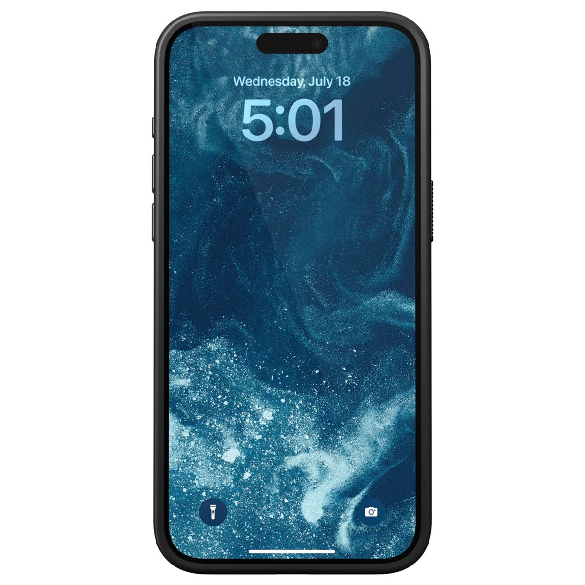 Telefon mit blauem, strukturiertem Hintergrund. Uhrzeit 5:01, Mittwoch, 18. Juli.