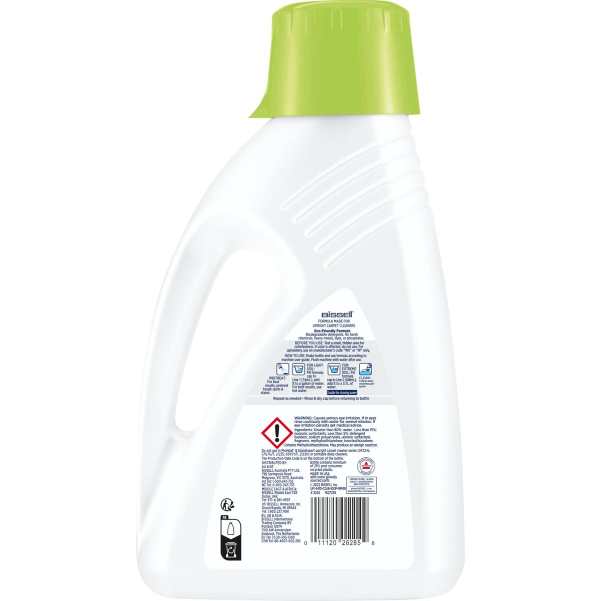 Eine weiße Flasche mit grünem Deckel. Auf der Flasche befinden sich Text und Bilder. Ein Warnsymbol ist sichtbar.
