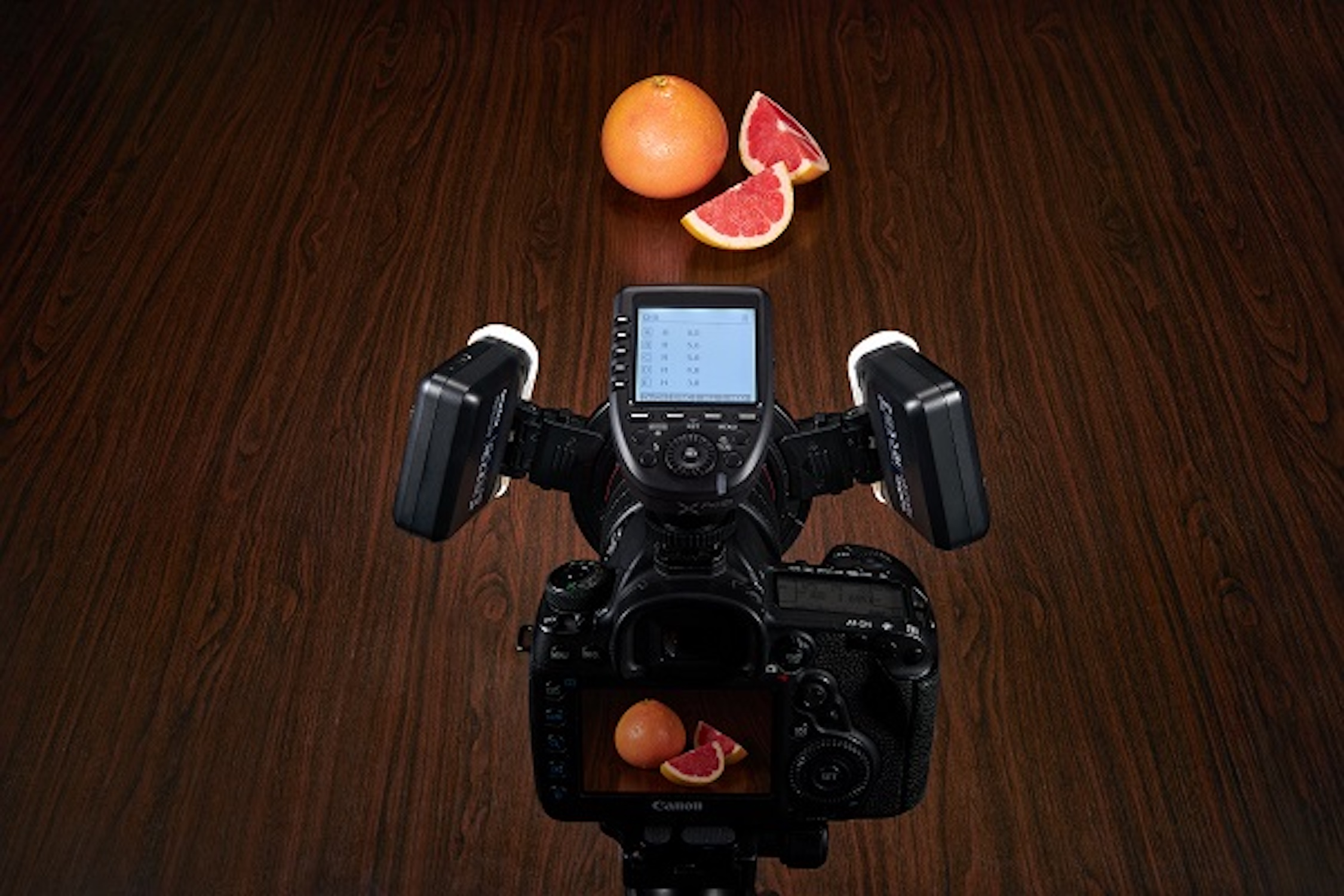 Draufsicht auf Kamera-Setup. Kamera, Grapefruit und Lichter sind im Fokus.