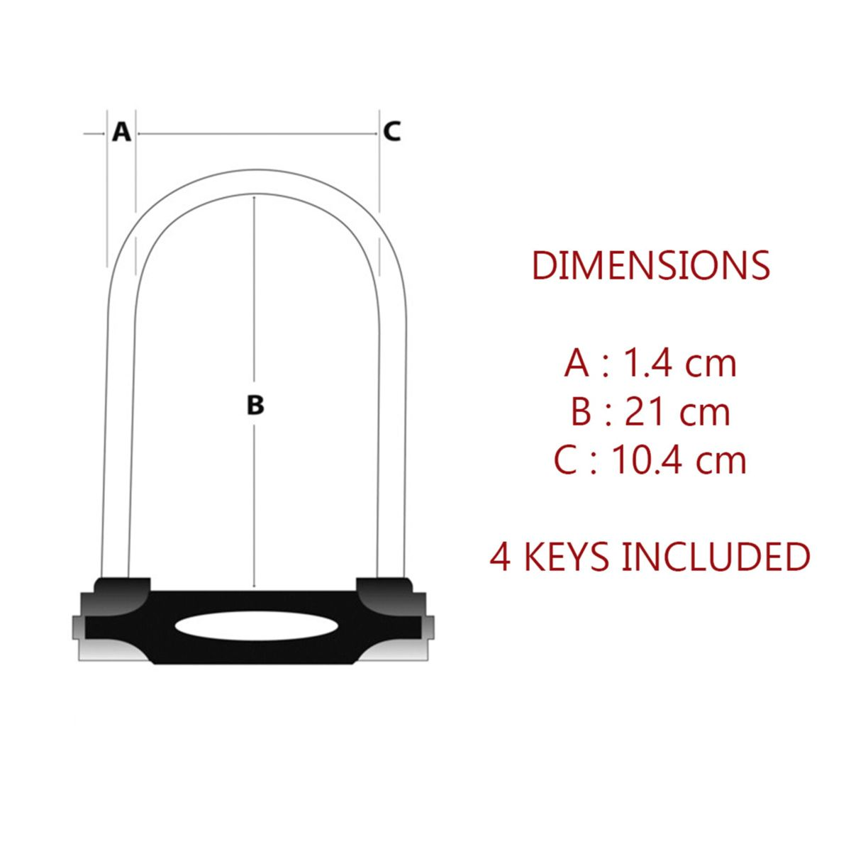 U-förmiges Fahrradschloss, Maße: A 1,4 cm, B 21 cm, C 10,4 cm. Text: 4 SCHLÜSSEL INKLUSIVE.