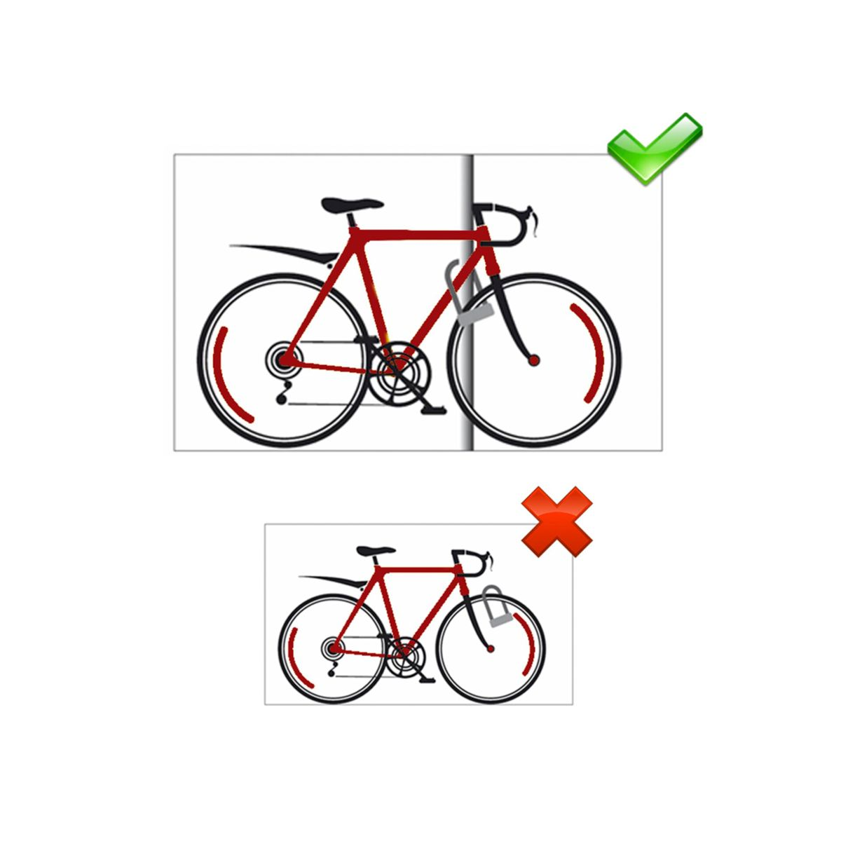 Zwei Strichzeichnungen von Fahrrädern, eine korrekt gerahmt, die andere zu klein.
