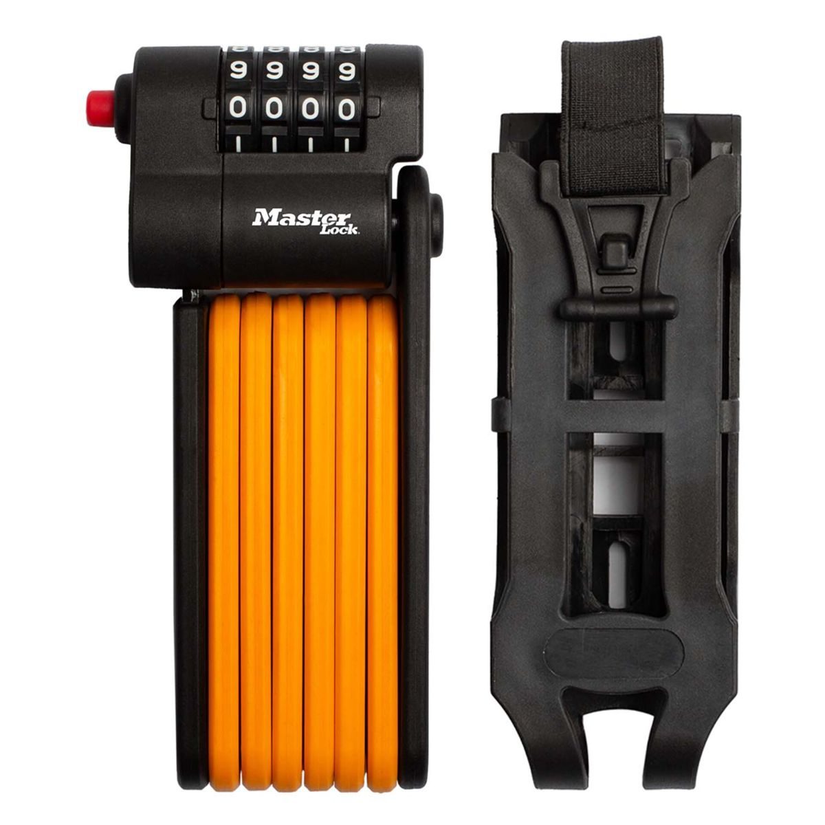 Ein schwarzes Master Lock Zahlenschloss gefaltet. Orangefarbene Schloss-Teile sind sichtbar. Rechts ist ein schwarzer Halter.