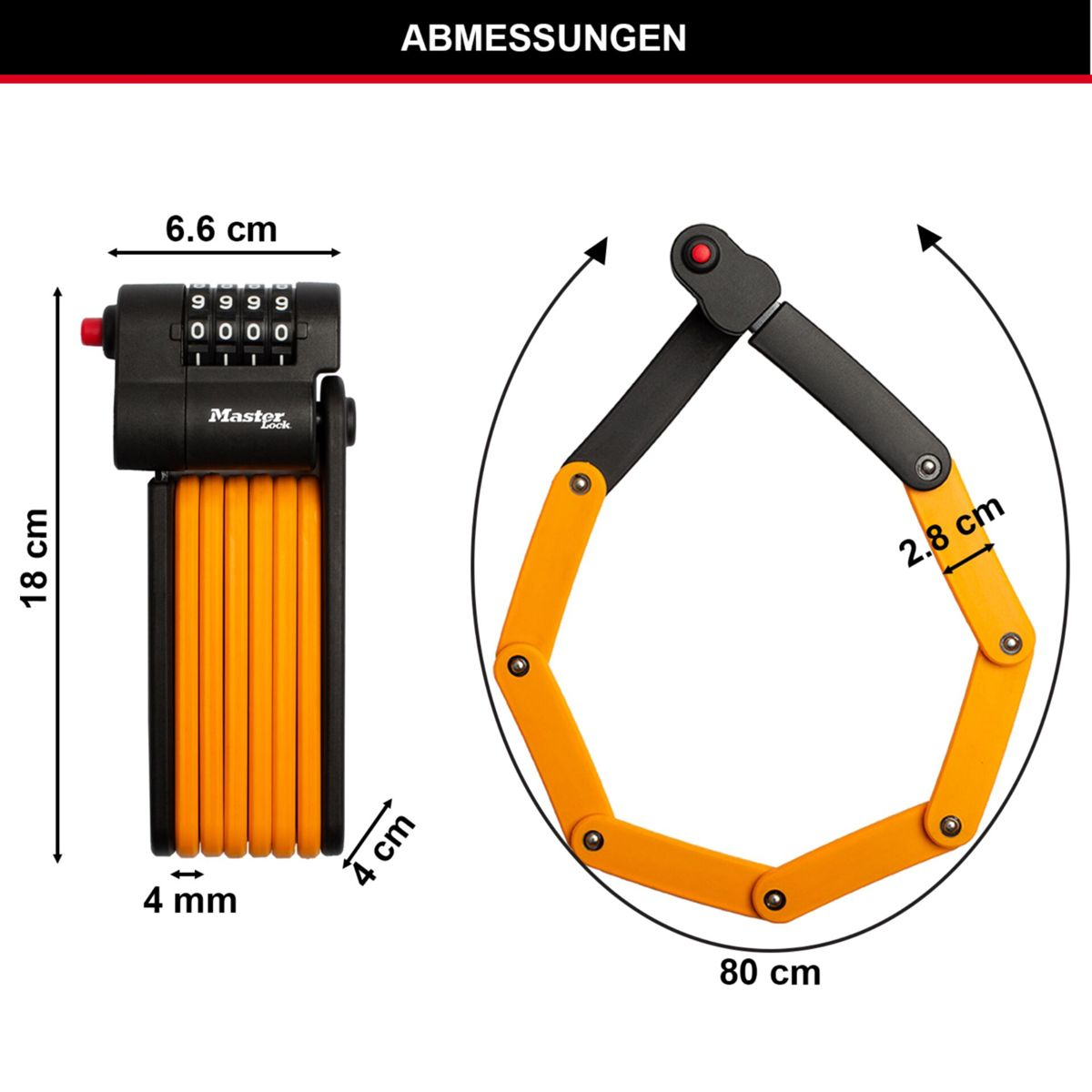 Orange-schwarzes Faltschloss mit Maßangaben.