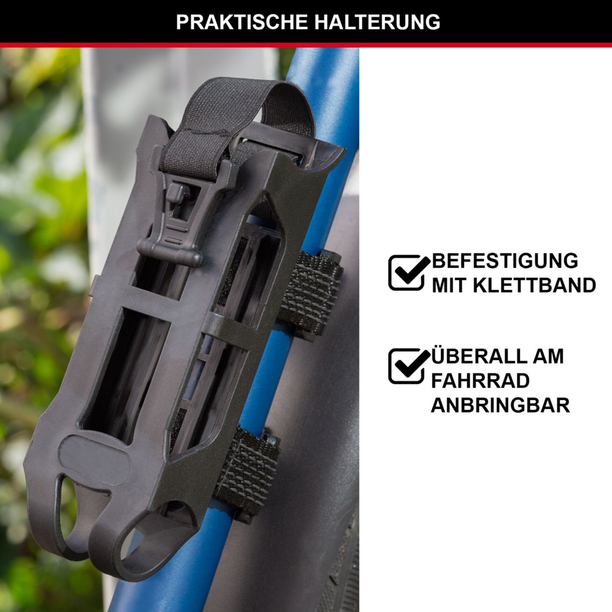 Schwarzer Fahrrad-Flaschenhalter an blauem Rahmen. Text: Praktische Halterung.
