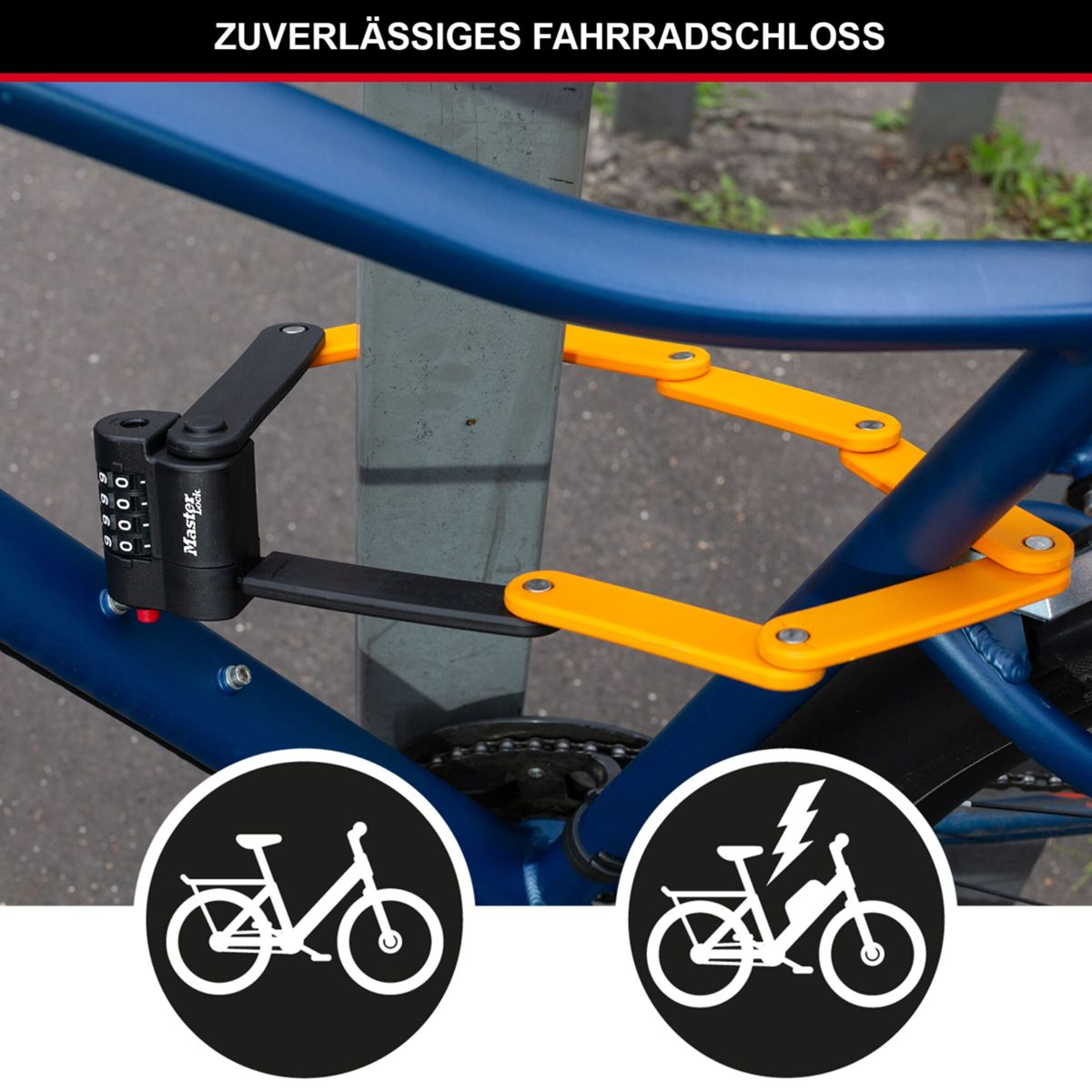 Fahrrad an Pfahl mit gelbem Faltschloss und Master-Schloss angeschlossen.
