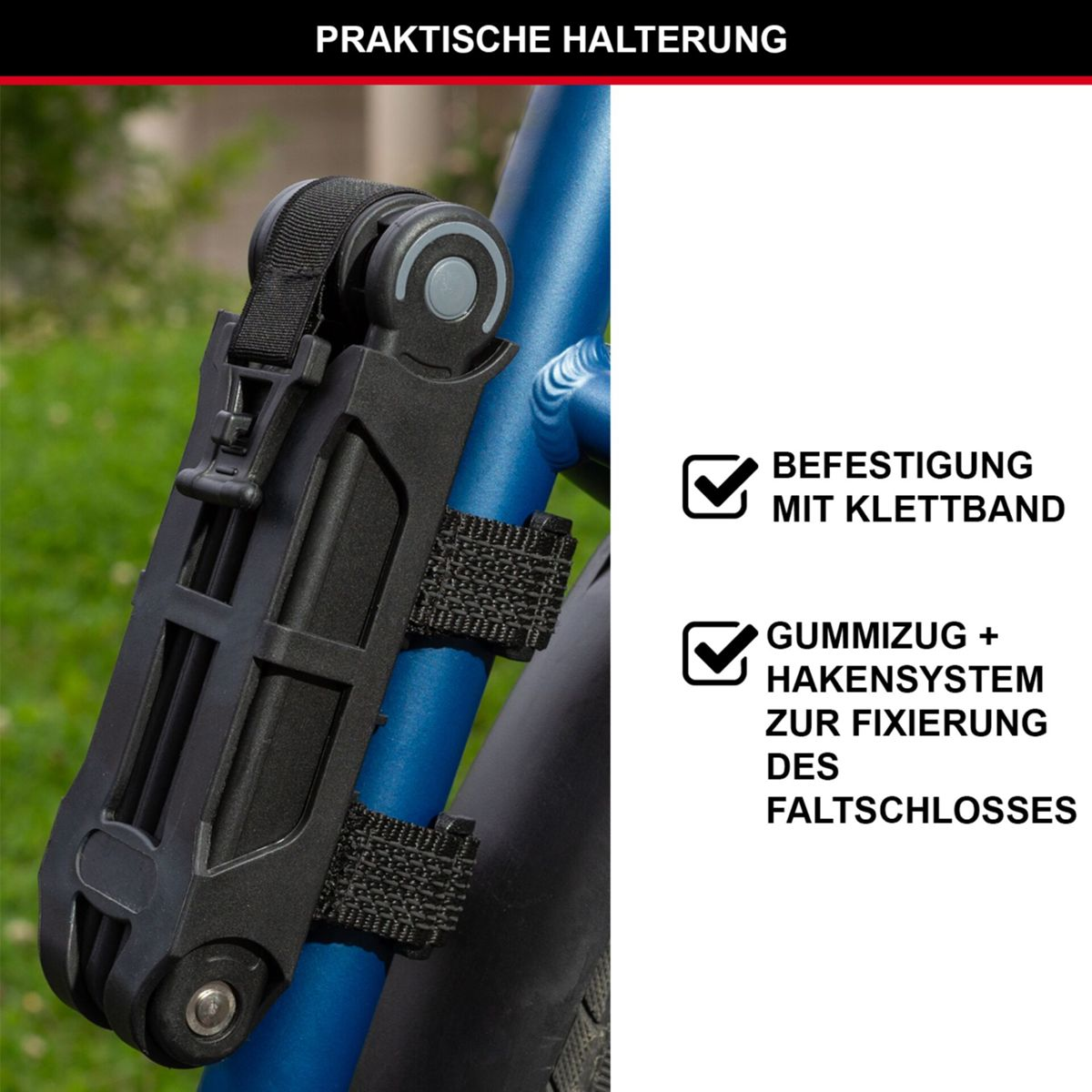 Lucchetto pieghevole nero attaccato a un telaio di bicicletta blu. Testo: fissaggio con velcro.