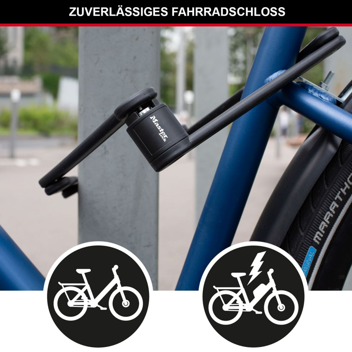 Un lucchetto per bicicletta che fissa una bici a un palo. Due icone mostrano la compatibilità bici ed e-bike.
