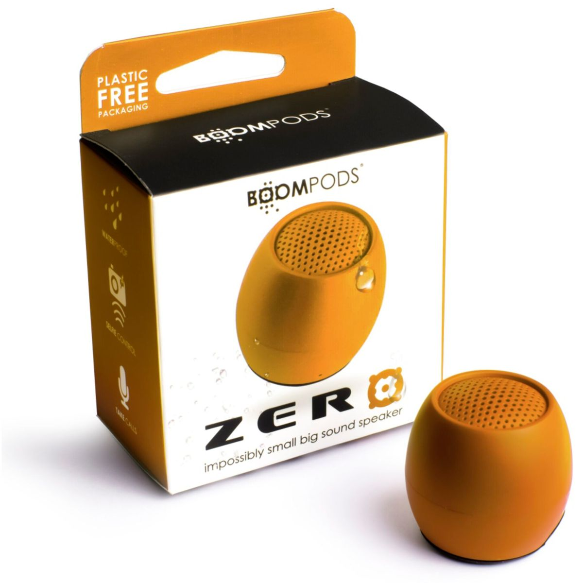 Pomarańczowe pudełko i głośnik, z tekstem. Białe tło.