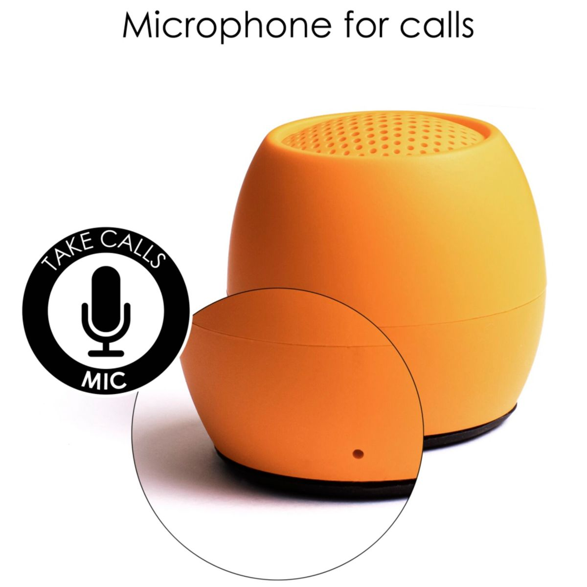 Pomarańczowy głośnik z ikoną mikrofonu. Zbliżenie pokazuje mały otwór mikrofonu głośnika.