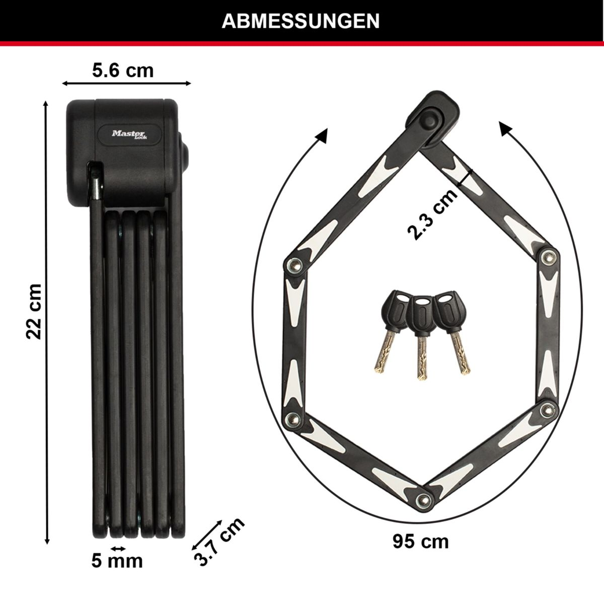 Faltbares Fahrradschloss, schwarz mit silbernen Akzenten und Maßangaben, mit drei Schlüsseln.