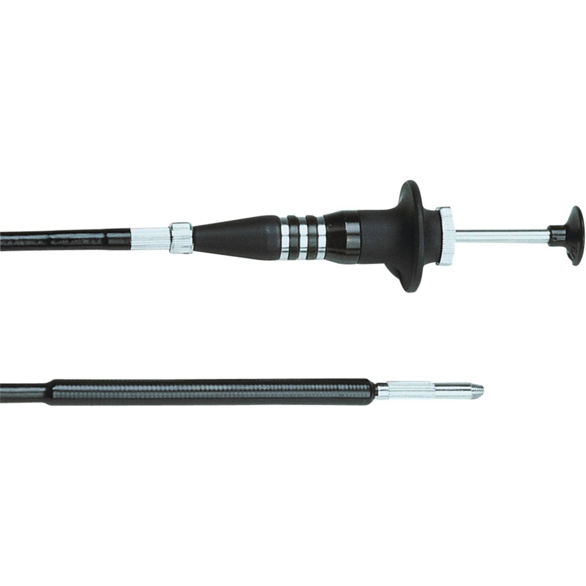 Wyzwalacz kablowy do aparatu, czarny, srebrne detale. Długi, elastyczny kabel z przyciskiem.