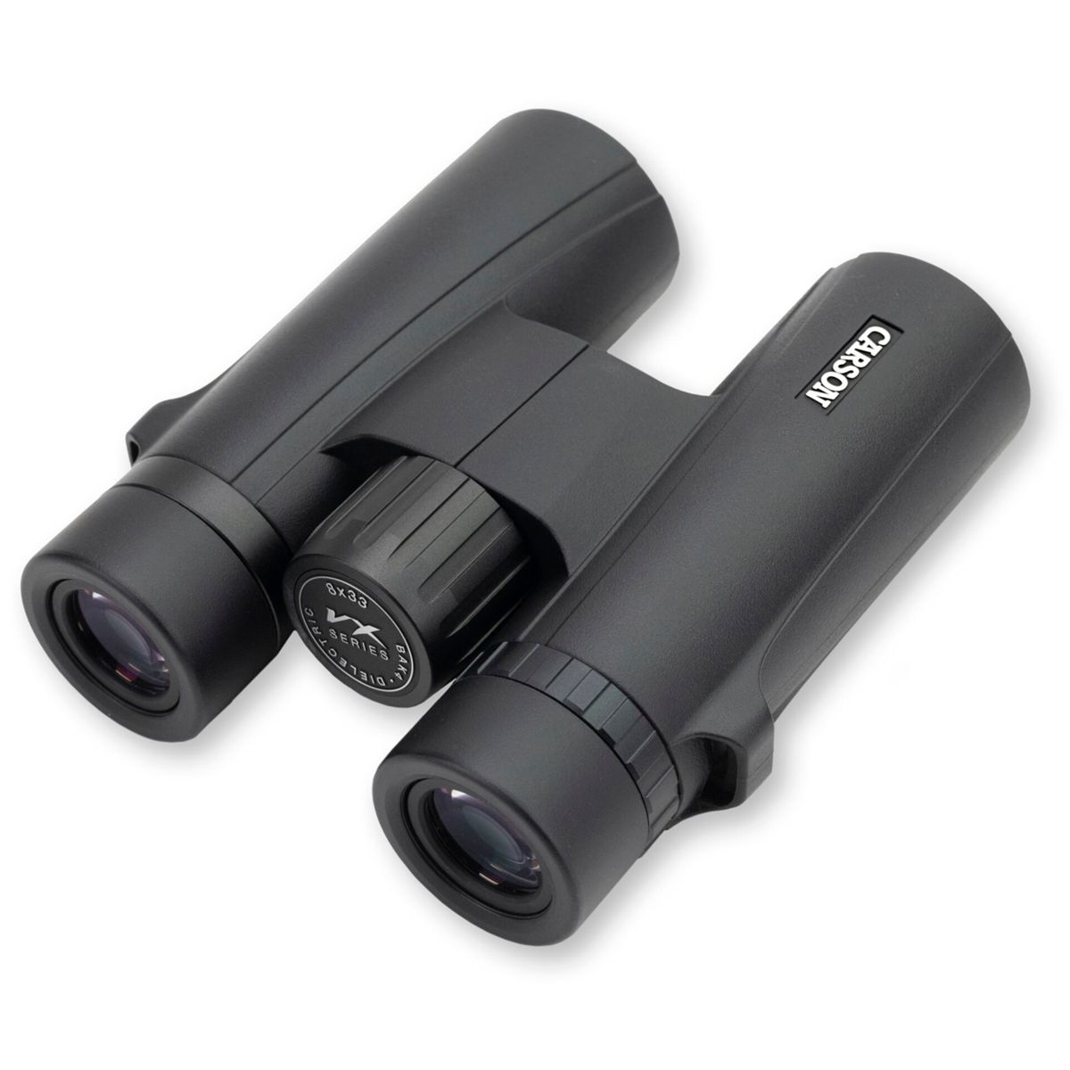 Binocolo nero su sfondo bianco. Marchio Carson visibile.