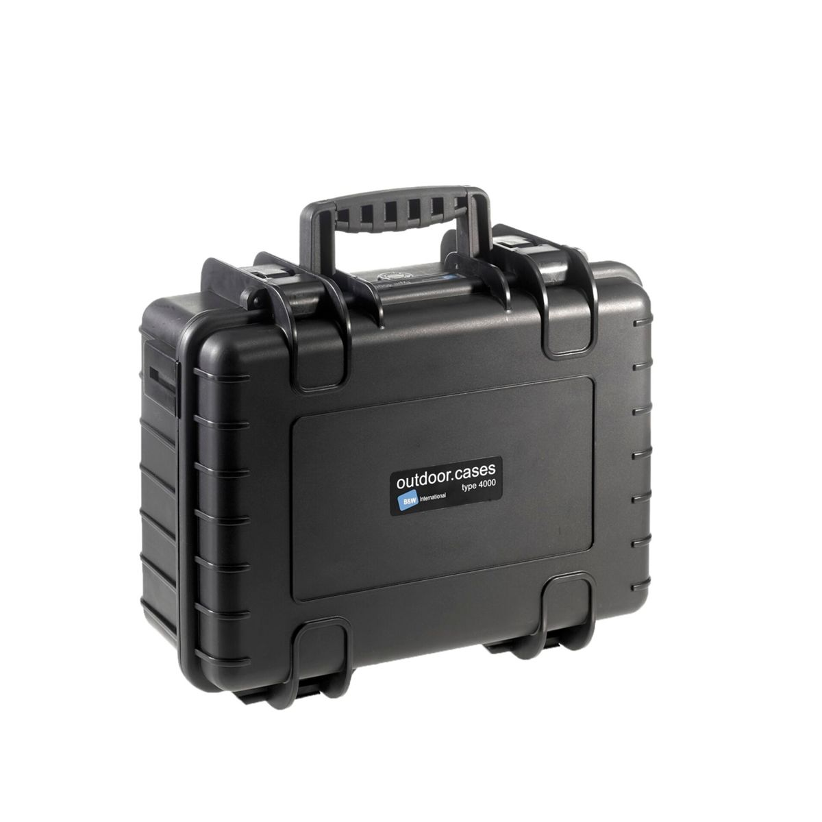Schwarzer Outdoor-Koffer, geschlossen. Er hat einen Griff und ein Etikett mit Outdoor.cases Typ 4000.