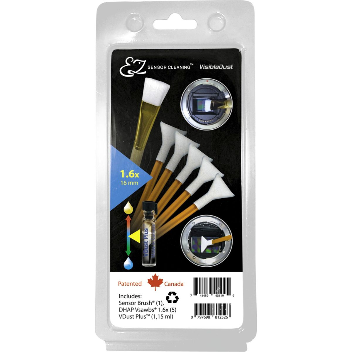 Paket mit Visible Dust Reinigungskit. Enthält Pinsel, Tupfer und eine Flasche Reinigungslösung.