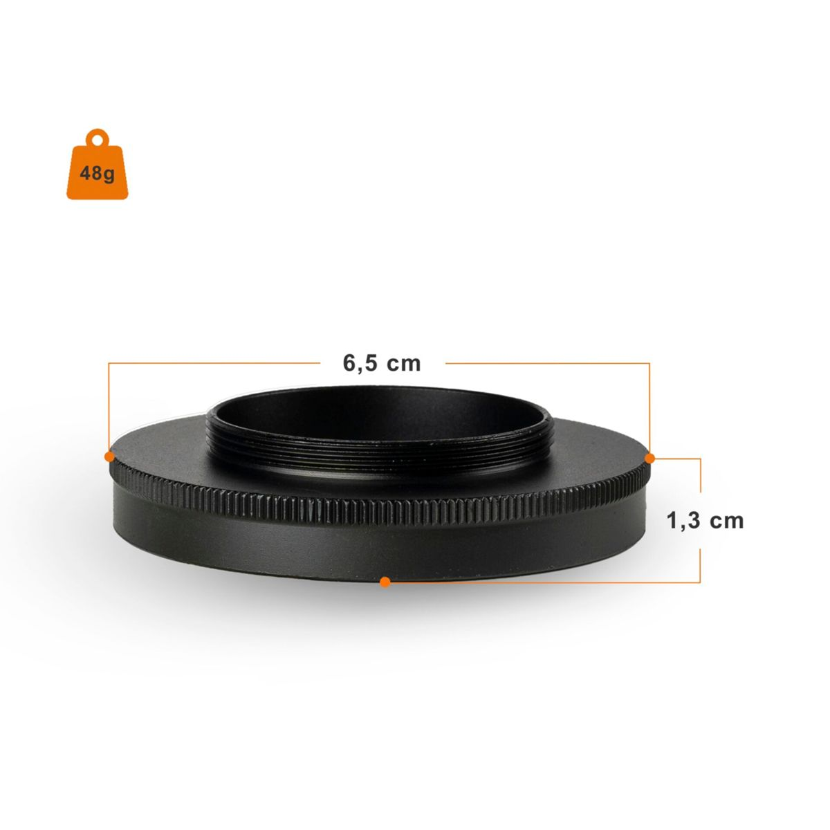 Schwarzer Metallring mit Gewinde im Inneren. Text sagt 6,5 cm und 1,3 cm.