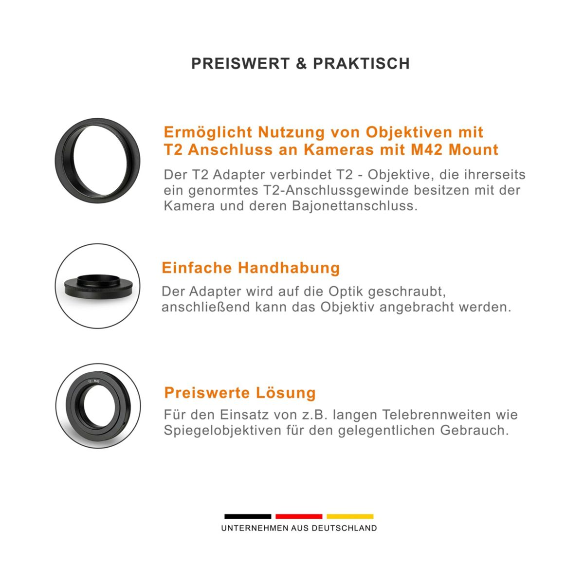 Technische Zeichnung mit drei Kreisen, Text auf Deutsch über Kameraadapter.