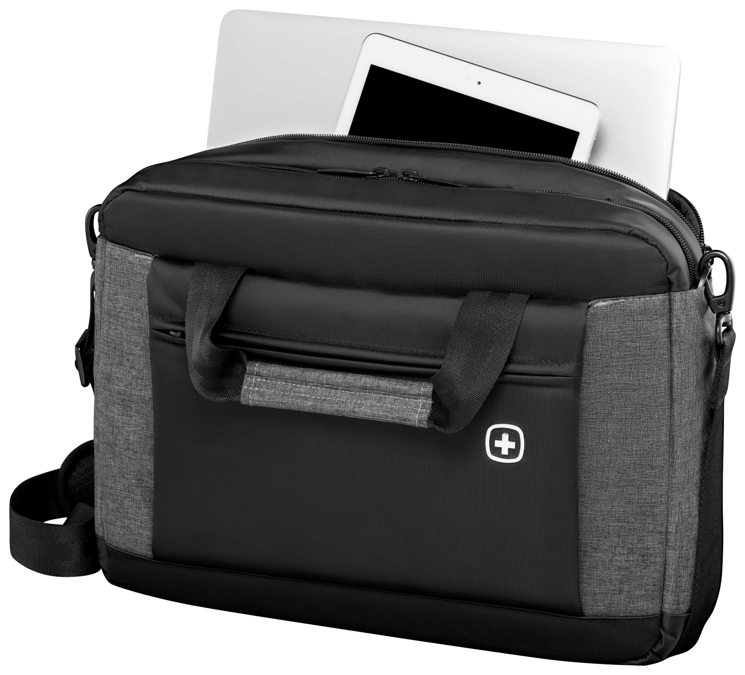 Sacoche pour ordinateur portable noire et grise, contenant un ordinateur portable et une tablette, avec un logo blanc.