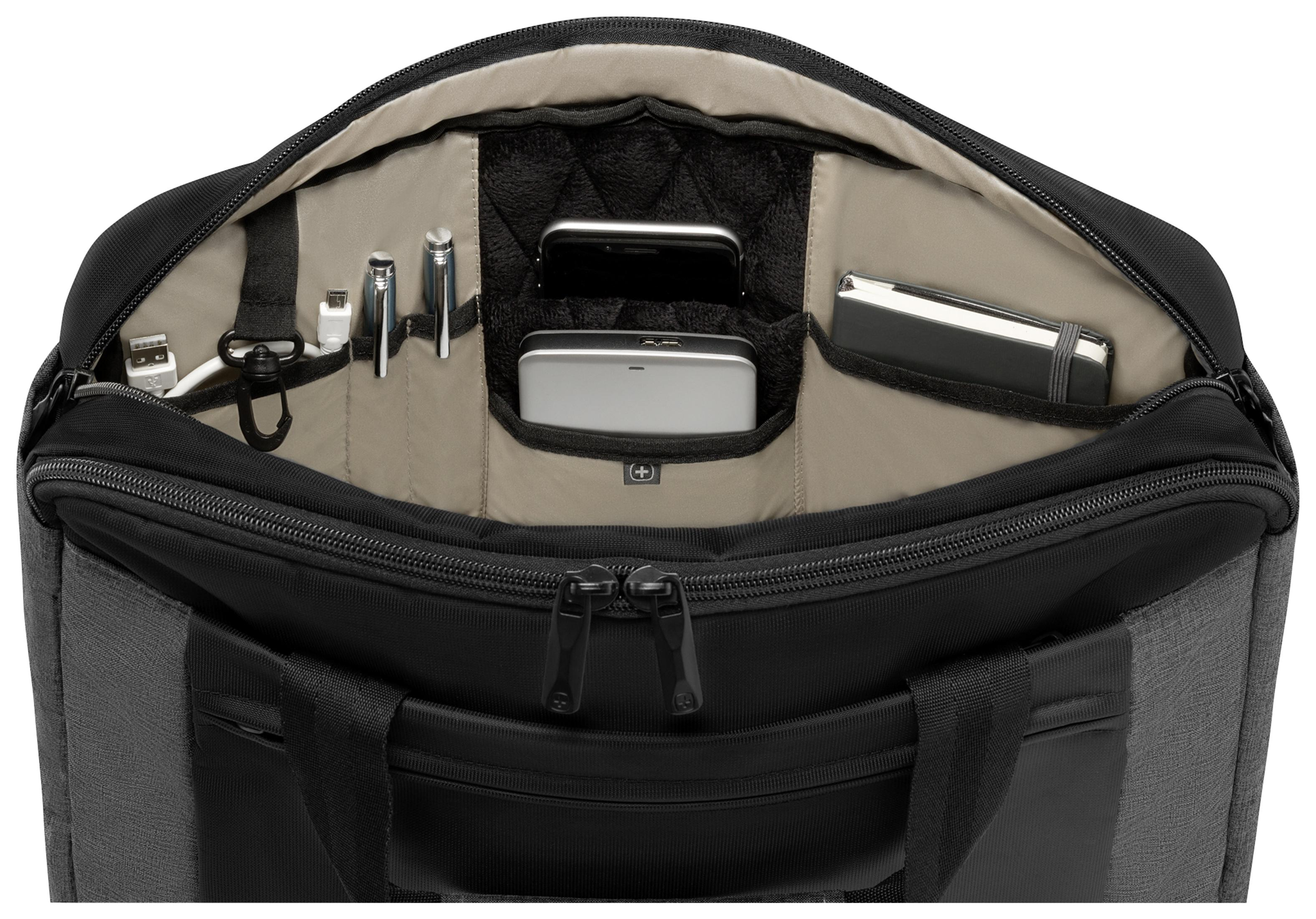 Sacoche d'ordinateur portable noire ouverte avec différents compartiments, contenant des articles comme des stylos et des téléphones.