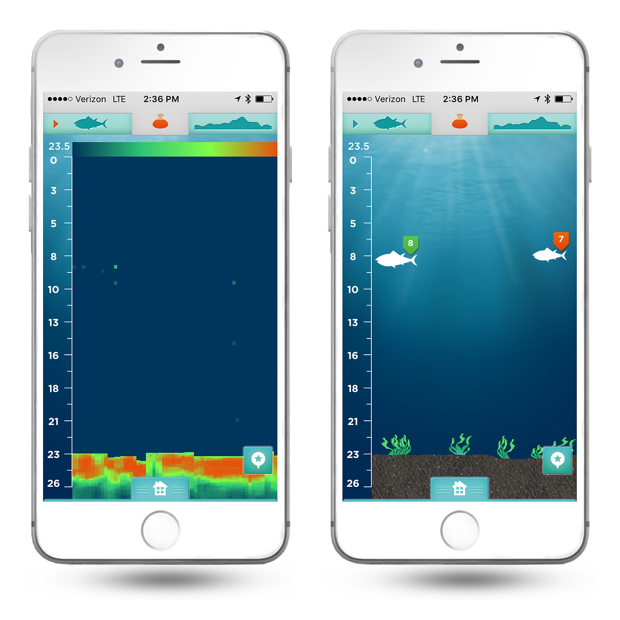 Zwei Telefone, die eine Fischerei-App-Oberfläche mit Fischsymbolen anzeigen.