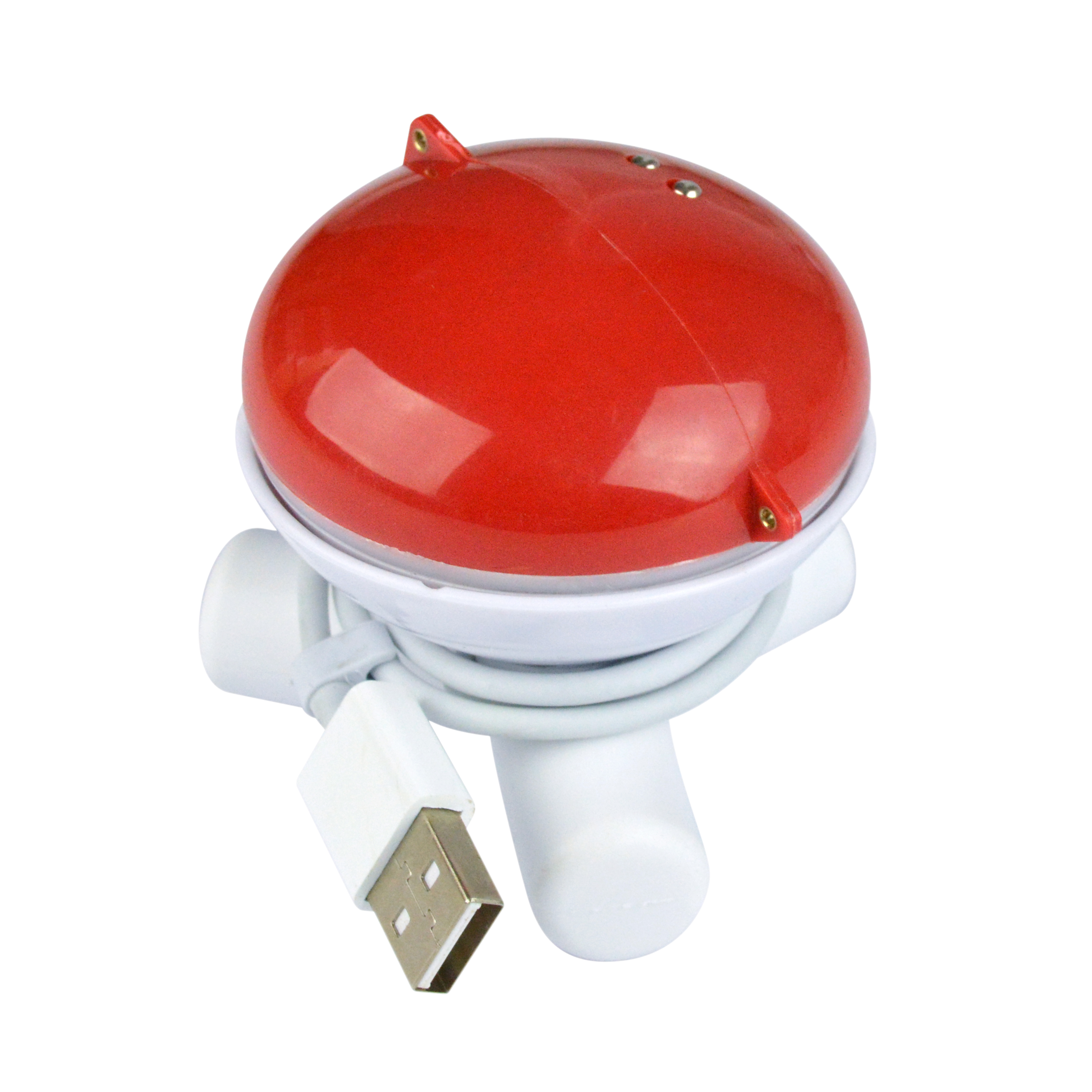 Ein rotes und weißes Sonargerät mit einem angeschlossenen USB-Kabel auf weißem Hintergrund.
