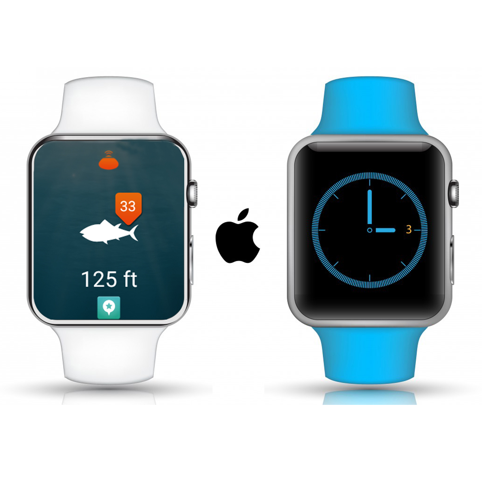 Zwei Smartwatches, weiß und blau, zeigen Zeit und andere Informationen.