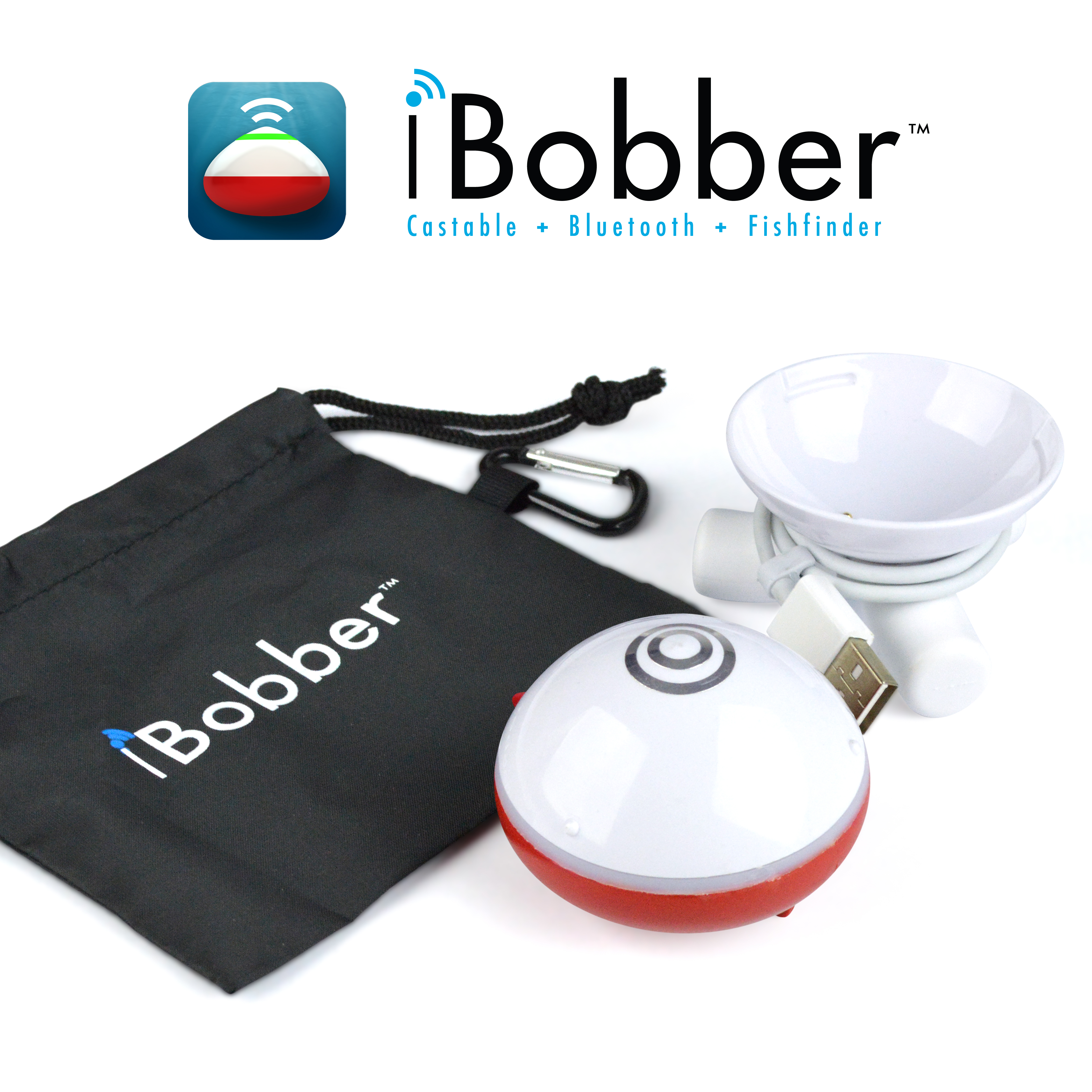 iBobber Fischfinder Produkt. Enthält einen schwarzen Beutel, ein USB-Kabel, eine weiße Pose und das Produktlogo.