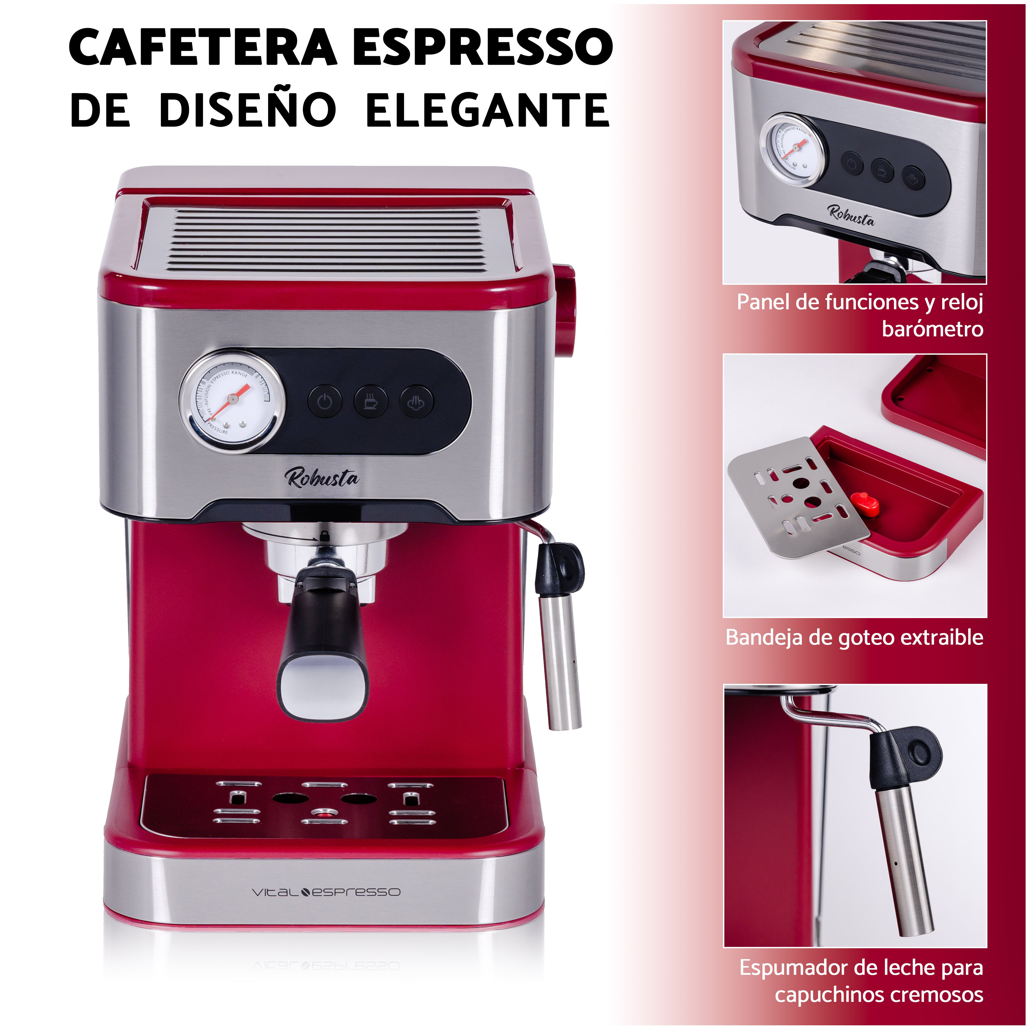 Cafetera espresso roja y plateada. Detalles incluyen manómetro, botones y espumador de leche.