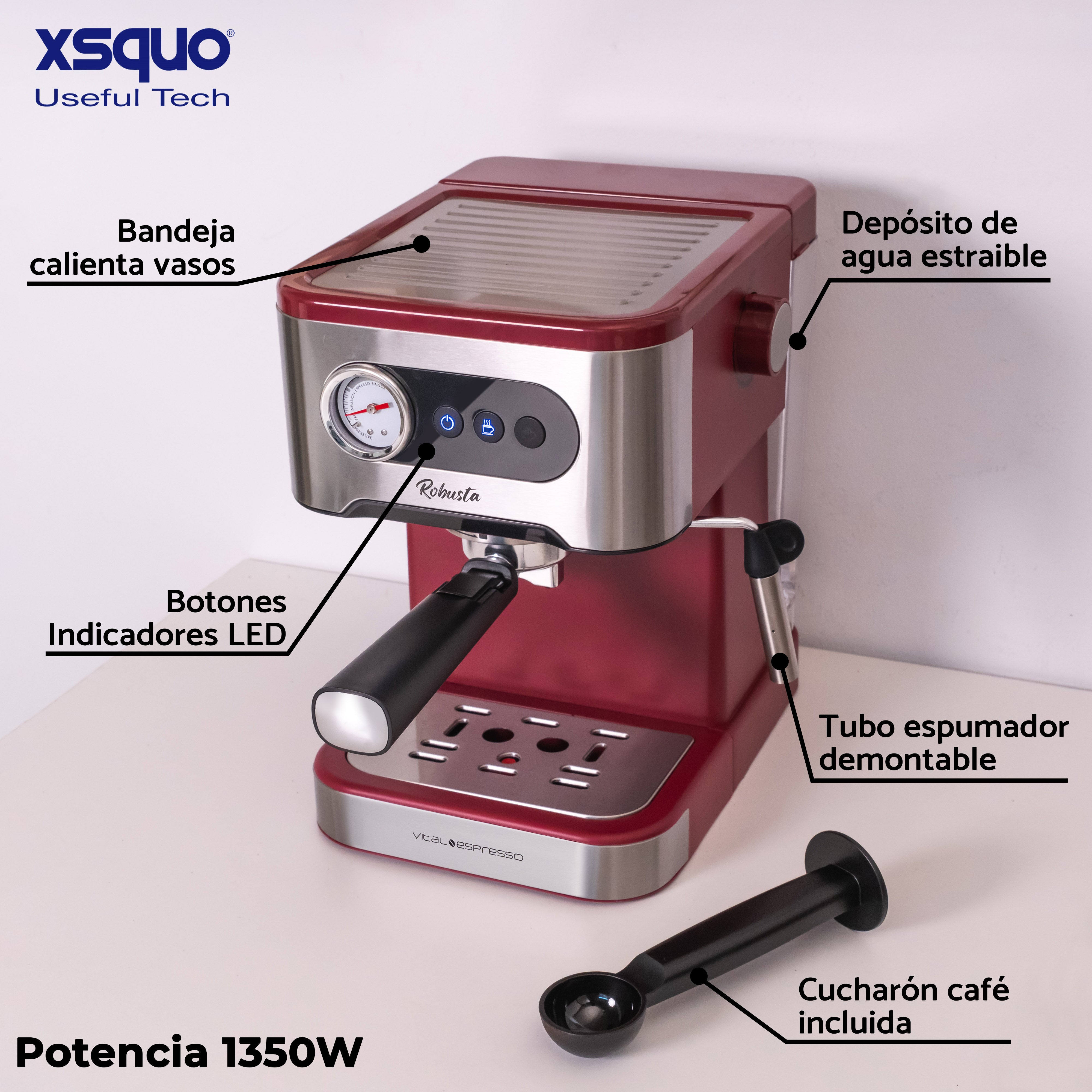 Máquina de espresso roja con etiquetas y cuchara de café.