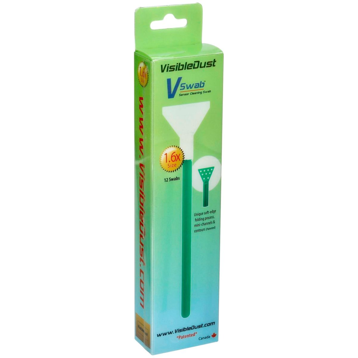 Schachtel mit VisibleDust VSwab Sensor-Reinigungstüchern. Grüne und weiße Verpackung.