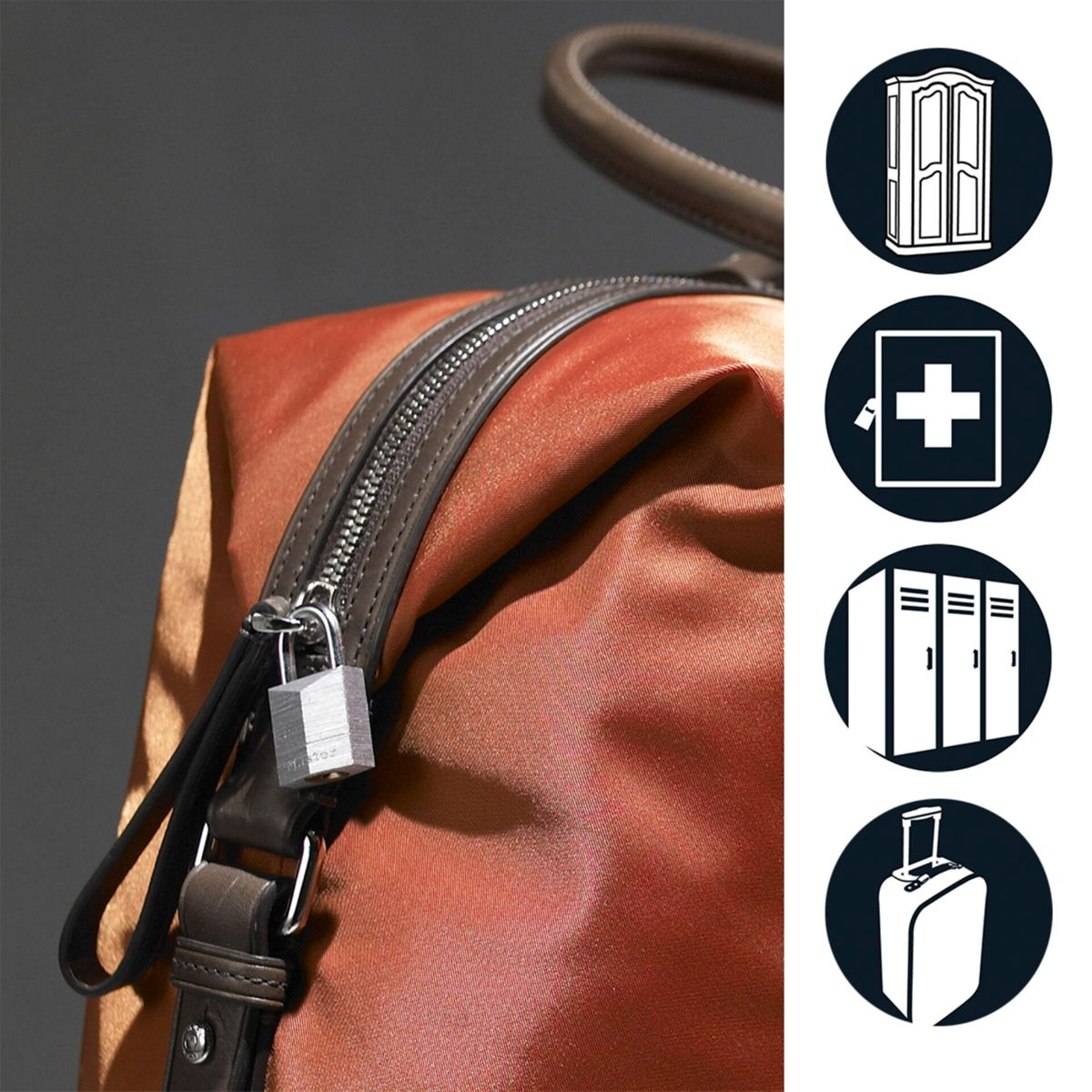 Tasche mit Vorhängeschloss und Symbolen. Braune Tasche mit Reißverschluss.