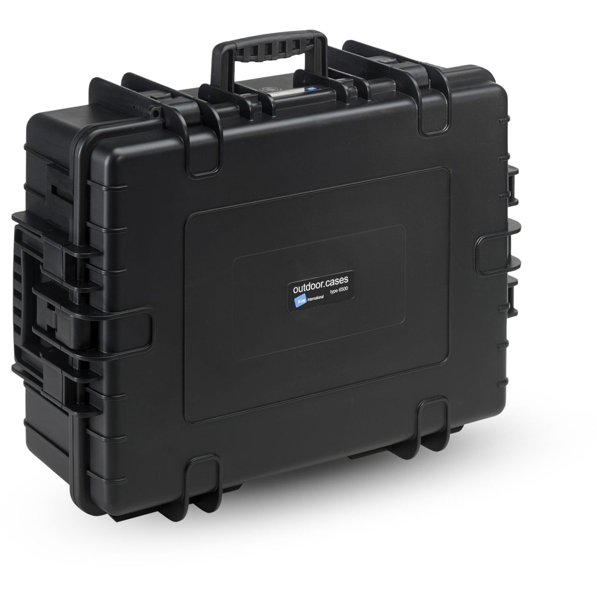 Schwarze, rechteckige Outdoor-Hülle mit Griff und mehreren Verschlüssen. Die Marke outdoor.cases ist sichtbar.