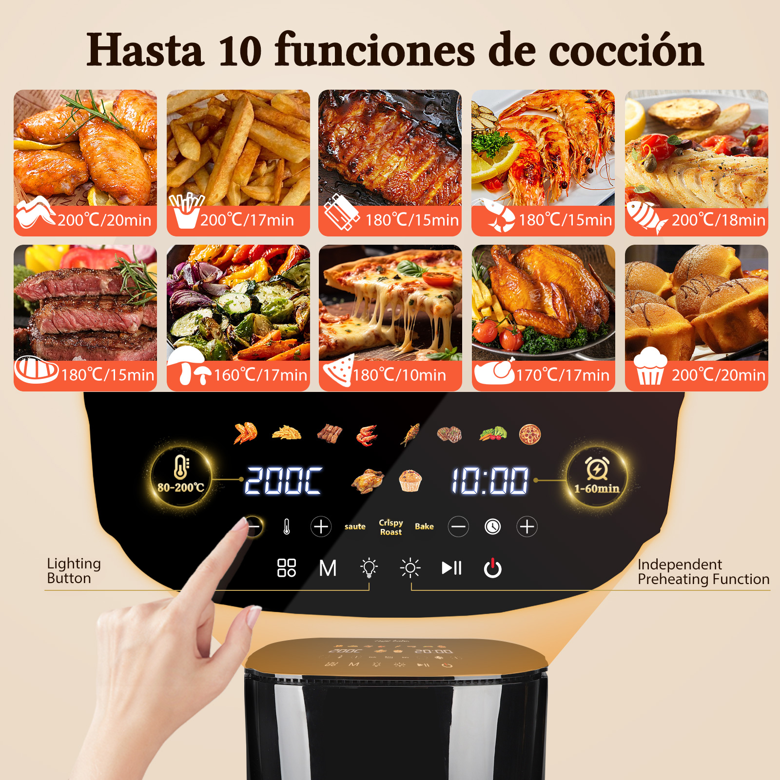 Freidora de aire con opciones de cocción y pantalla con temperatura, tiempo y ajustes.