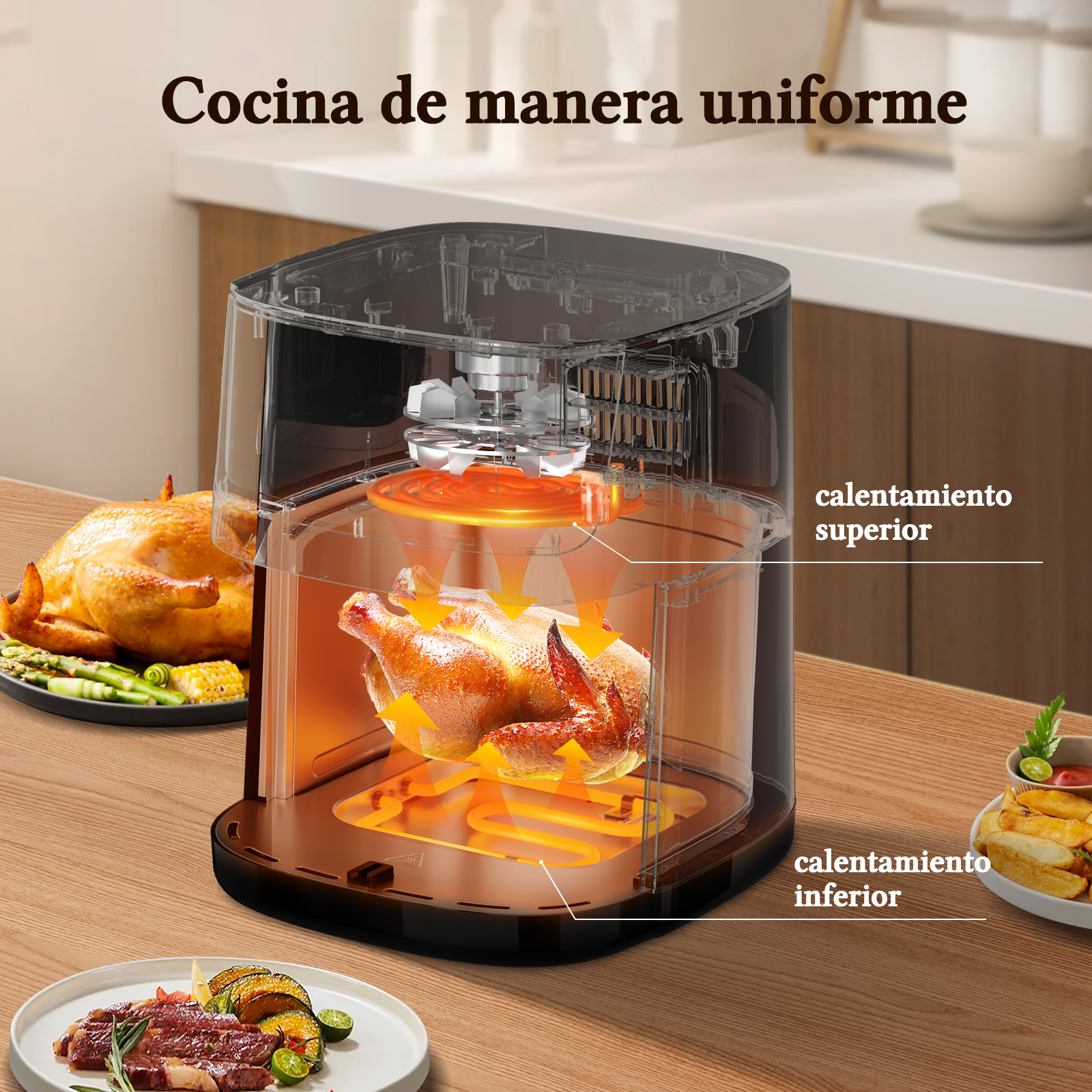 Una freidora de aire cocina un pollo. Alimentos asados como bistec y papas fritas en la mesa.