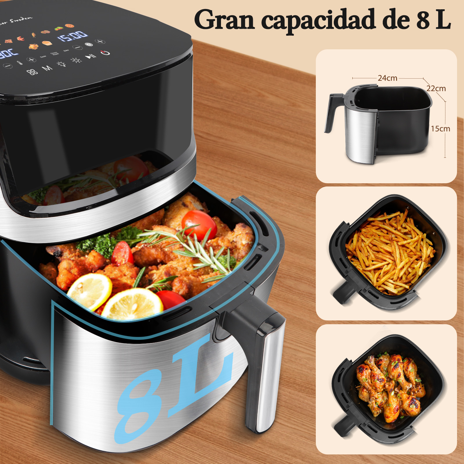 Una freidora de aire con comida dentro y una pantalla en la parte superior. La capacidad es de 8L. Comida frita y limones visibles.