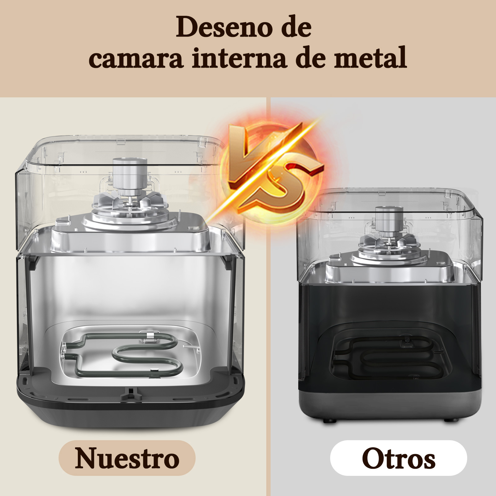 Comparación de dos freidoras de aire, una con interior metálico (Nuestro), la otra (Otros).