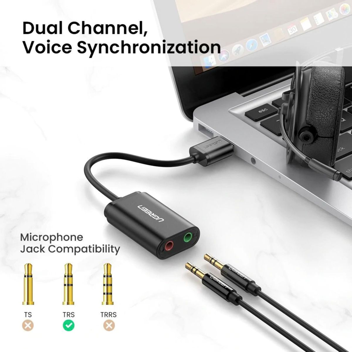 Schwarzer Audioadapter mit zwei Kabeln und Audioanschlüssen. Weißer Hintergrund.