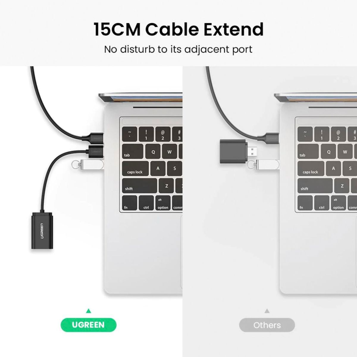Zwei Laptops mit Kabeln. Einer zeigt UGREEN-Kabel, der andere ein alternatives Kabel. Text: 15CM Kabelverlängerung.