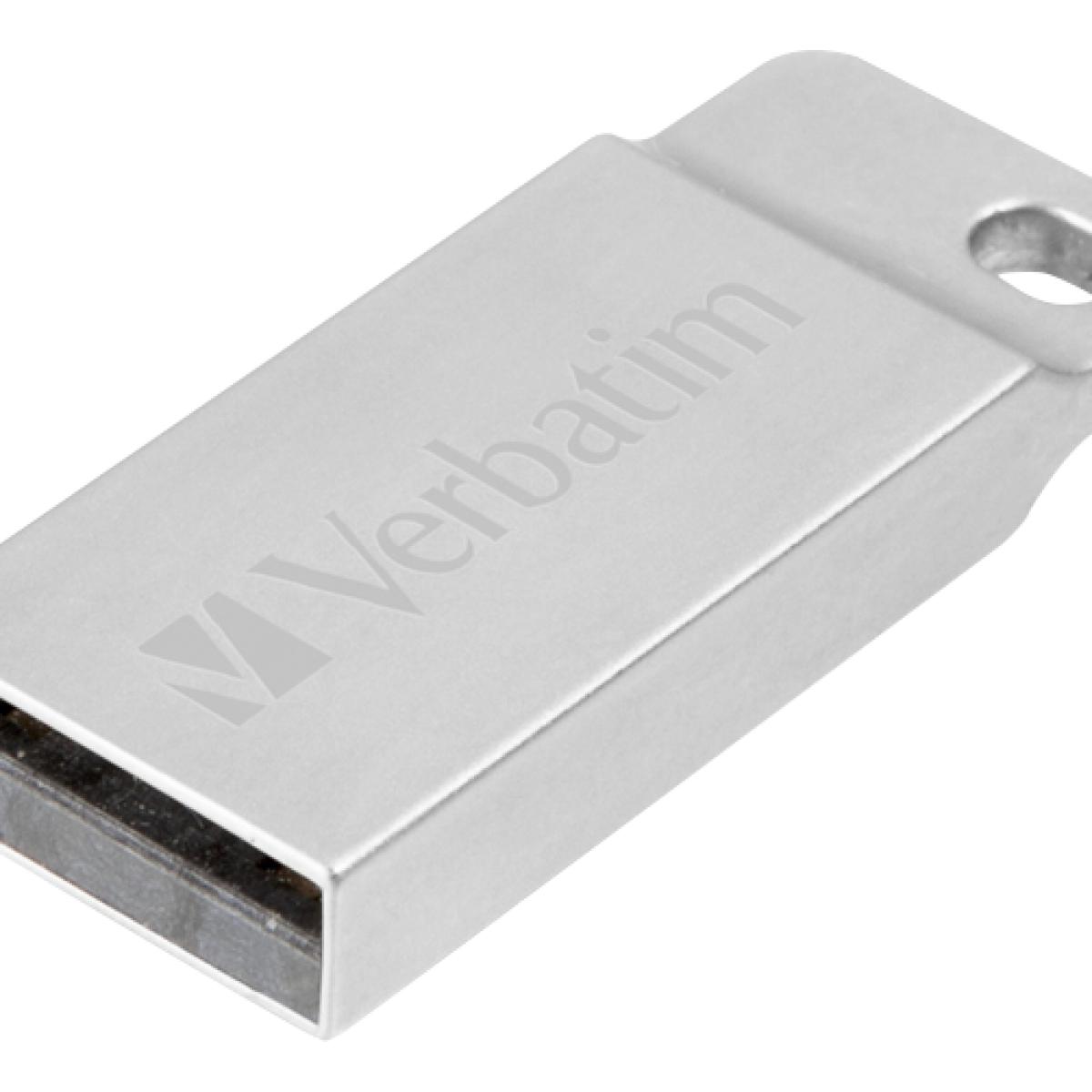 Silberner USB-Stick mit 'Verbatim'-Logo. Rechteckiges Design mit einer Schlaufe zur Befestigung.
