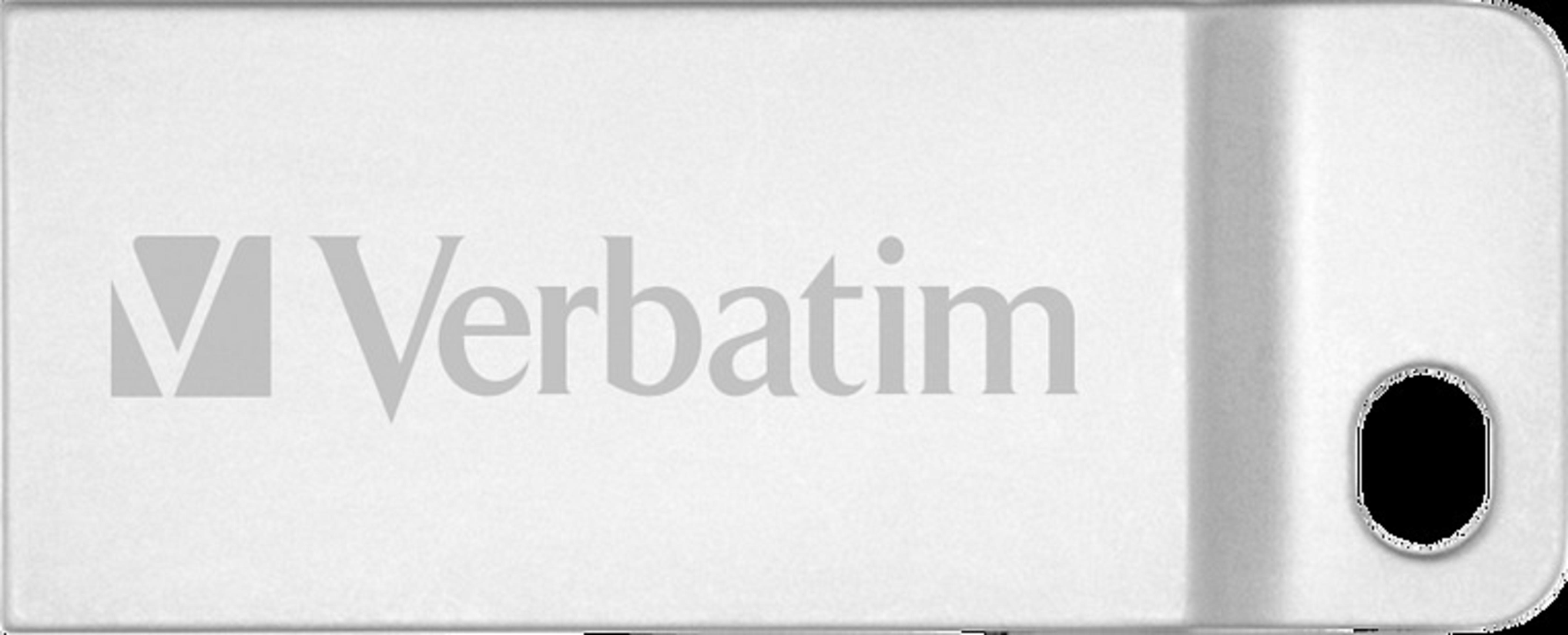 Silberner USB-Stick mit dem Verbatim-Logo. Ein schwarzes Loch in der Ecke.