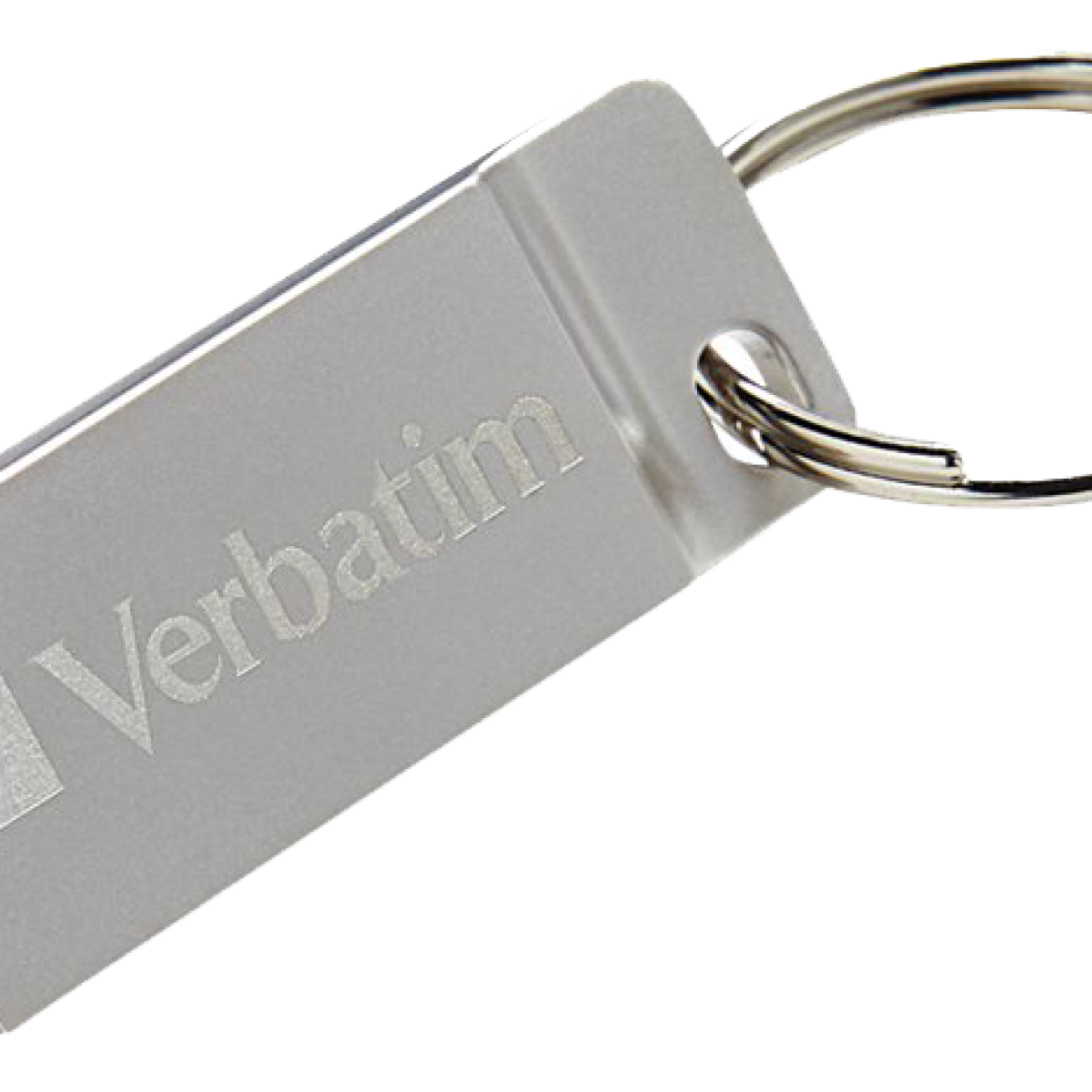 Silberner Verbatim USB-Stick an einem Schlüsselring. Das Gerät hat das Verbatim-Logo.