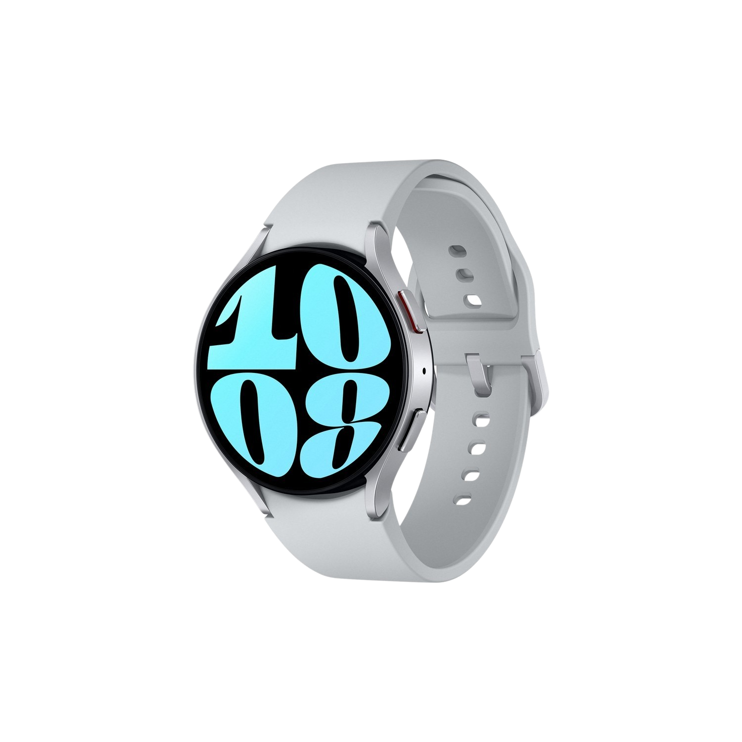 Uno smartwatch argentato con schermo nero che mostra l'ora 10:08.