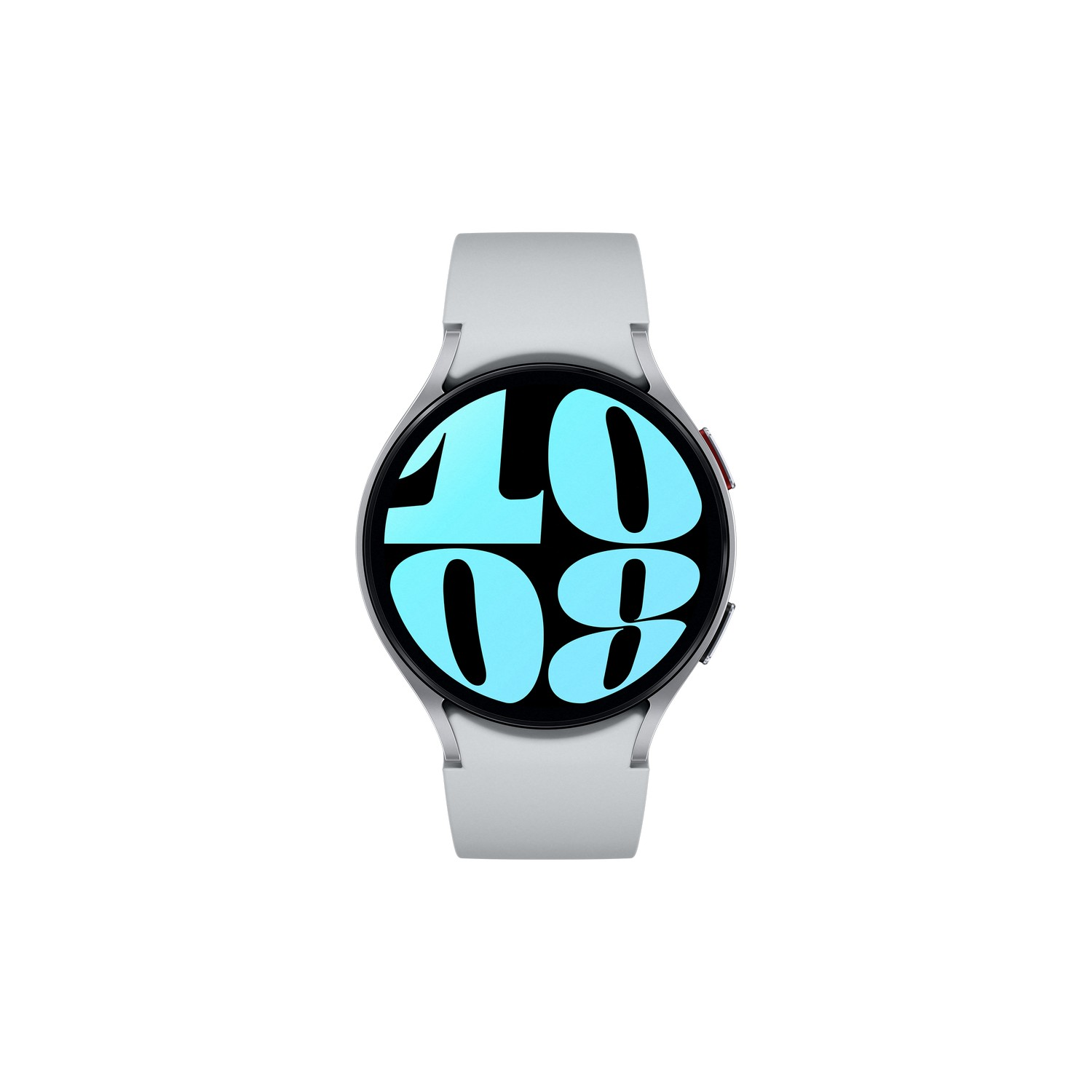 Smartwatch rotondo che mostra l'ora. Cinturino grigio, schermo nero, numeri turchese.