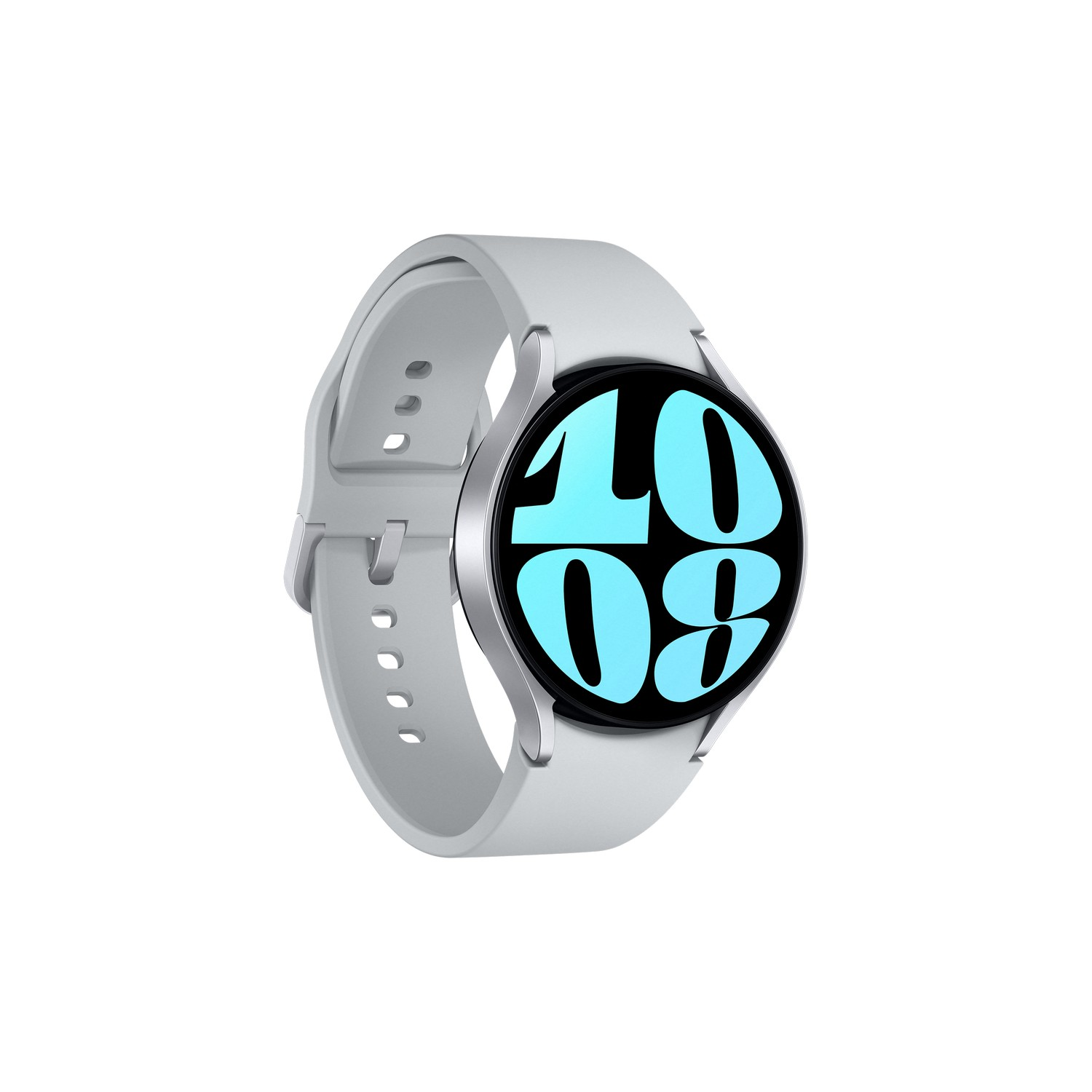 Uno smartwatch argentato su sfondo bianco. Il quadrante mostra un'ora digitale blu.