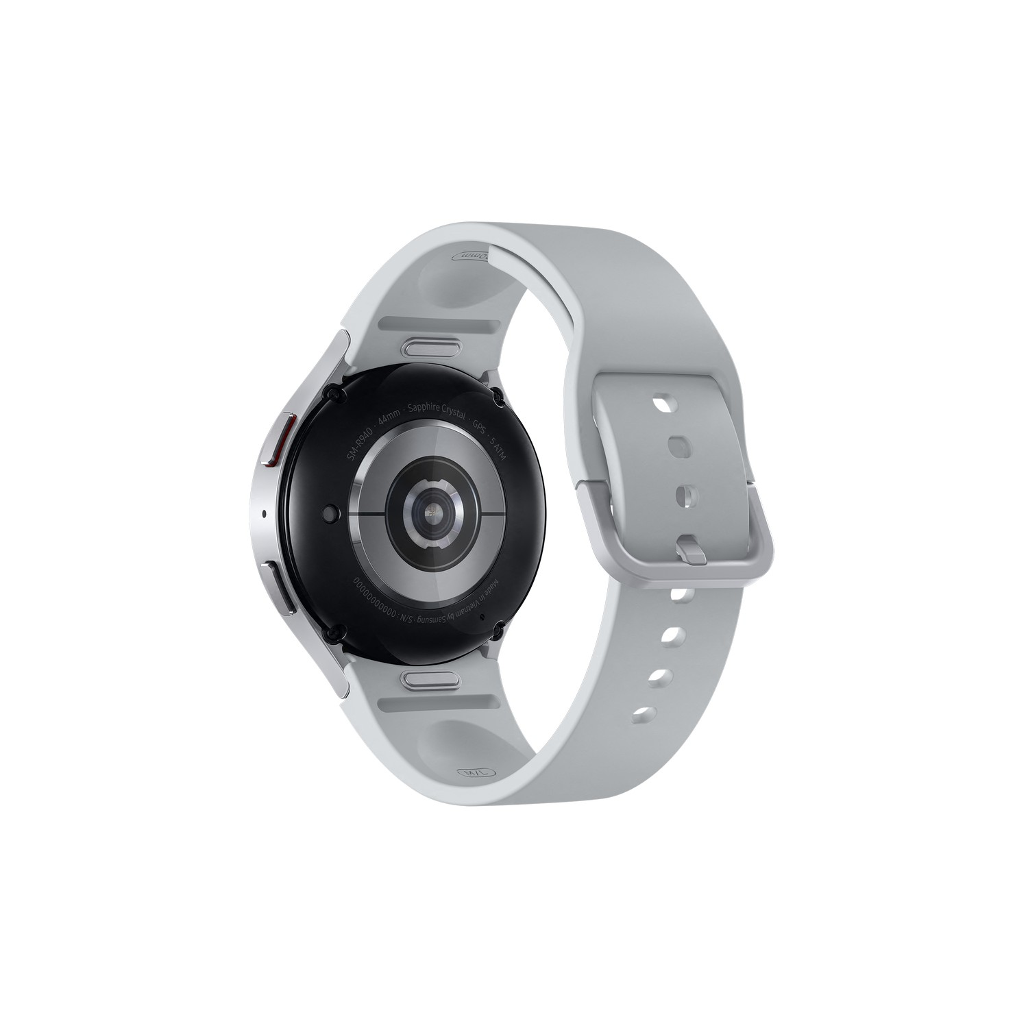 Uno smartwatch argentato con cinturino grigio chiaro, è visibile il lato inferiore.